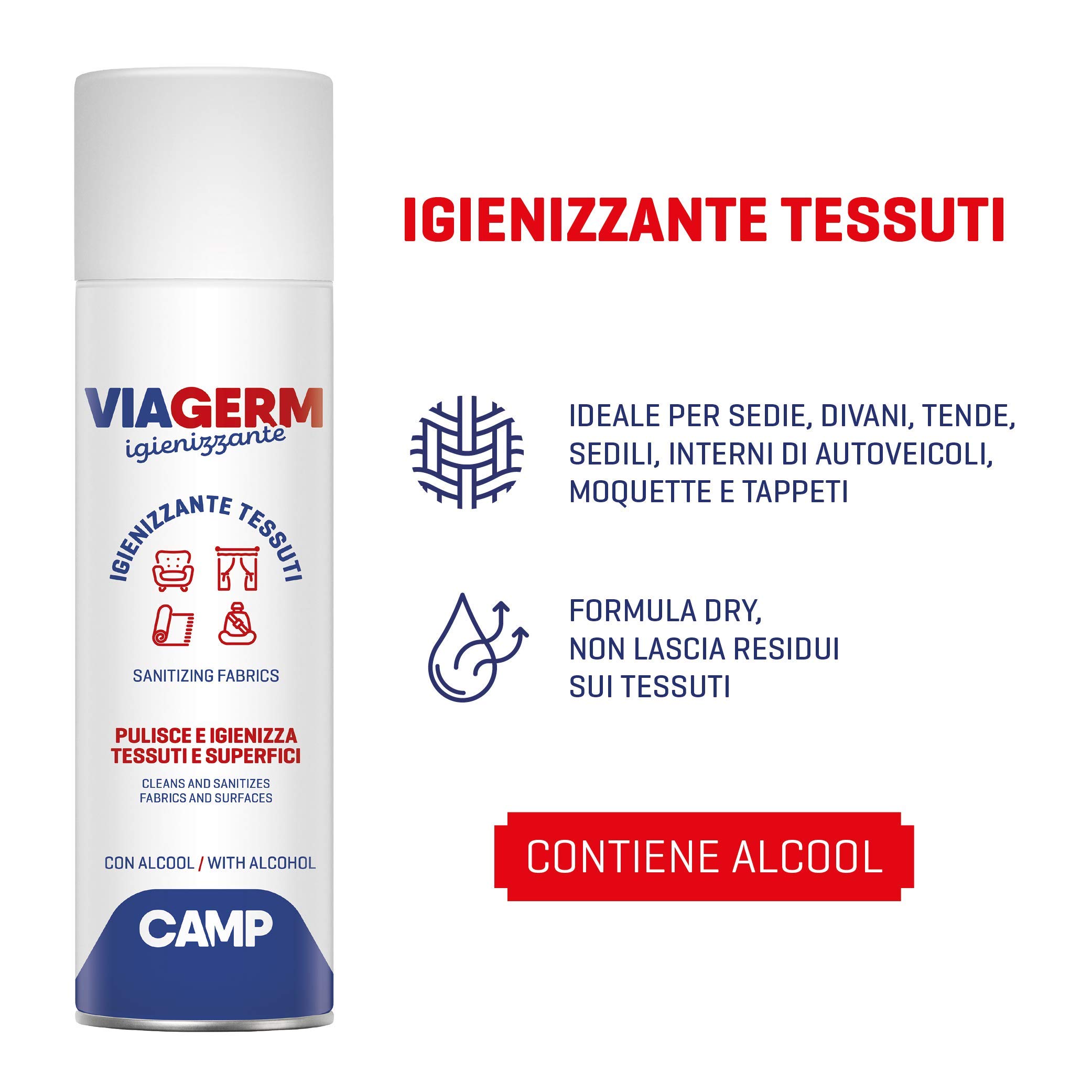 CAMP Viagerm Igienizzante Tessuti - Spray Igienizzante Tessuti Sintetici, Naturali e Superfici, Formula a Base d'Alcool, Rimuove Sporco e Germi ed Evapora Velocemente Senza Lasciare Residui, 500ml