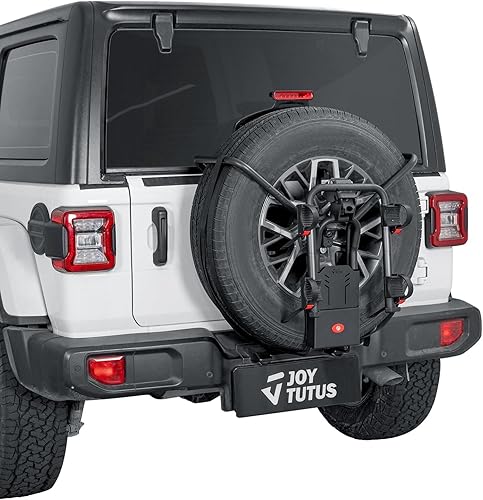 JOYTUTUS Soporte de bicicleta de repuesto para 2 bicicletas plegable con bloqueo de seguridad para Wrangler Gladiator Bronco SUV, soporte de montaje