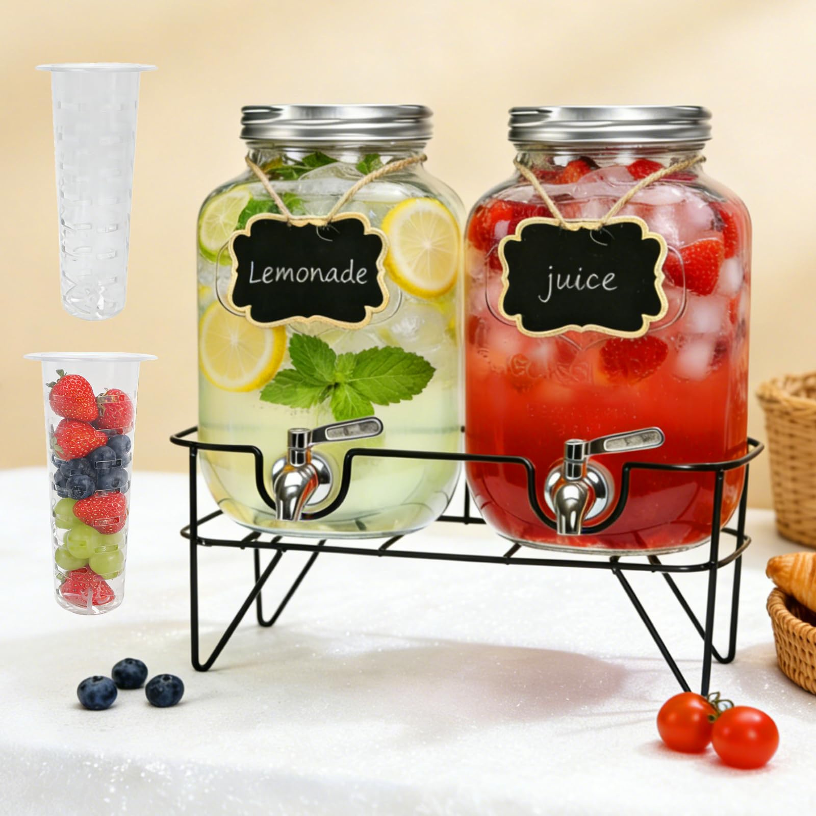 Getränkespender aus Glas mit Ständer, Edelstahlauslauf und Fruchteinsatz, für Partys, Grillabende, Eistee, Limonade und mehr, 2 Stück