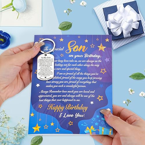 Miniatura 5 de DPKOW Regalos de cumpleaños modernos para hijo - Juego de llavero y tarjeta de flores y estrellas