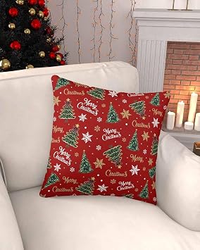 Red Christmas Throw Pillow Cover 16 x 16 Inch Decorative Pillow Cover Xmas Tree Snowflake Stars Farmhouse Lumbar Pillowcase Seasonal Square Cushion Case for Couch Sofa Bed Living Room