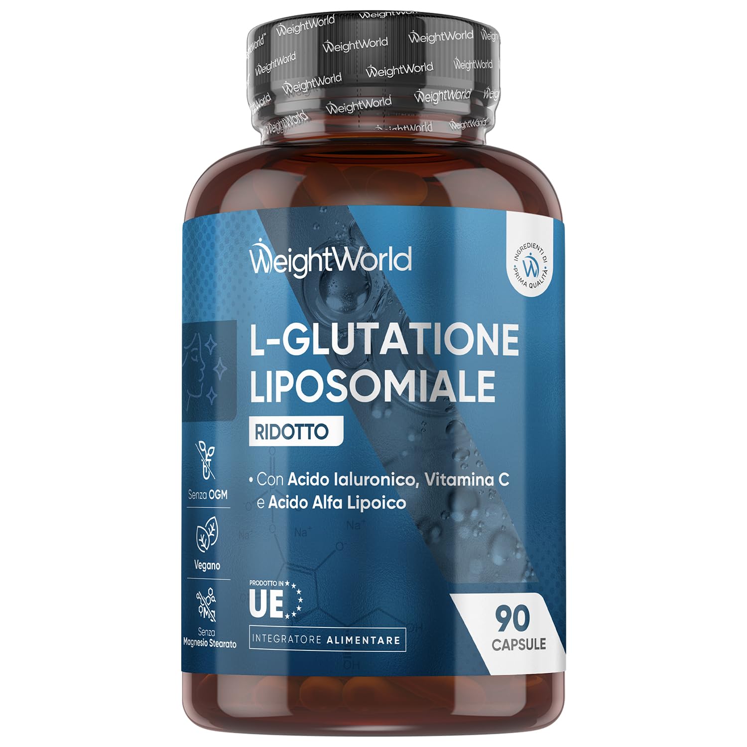 Glutatione Liposomiale Ridotto, 90 Capsule Vegane, Vitamina C, Acido Alfa Lipoico, Acido Ialuronico, La Vitamina C Contribuisce Alla Protezione Delle Cellule Dallo Stress Ossidativo (EFSA), Senza OGM