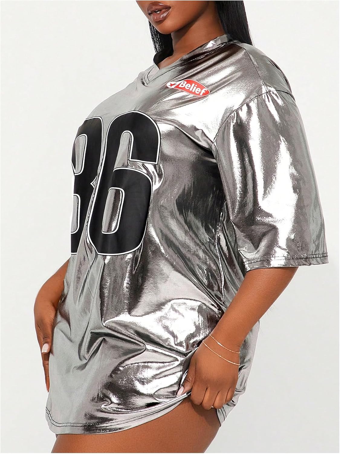 OYOANGLE Women's Jersey Dress Silver T-Shirt Oversized Y2k Number Print Short Sleeve V Neck Tees Party Top Shirt Dresses - Image 4