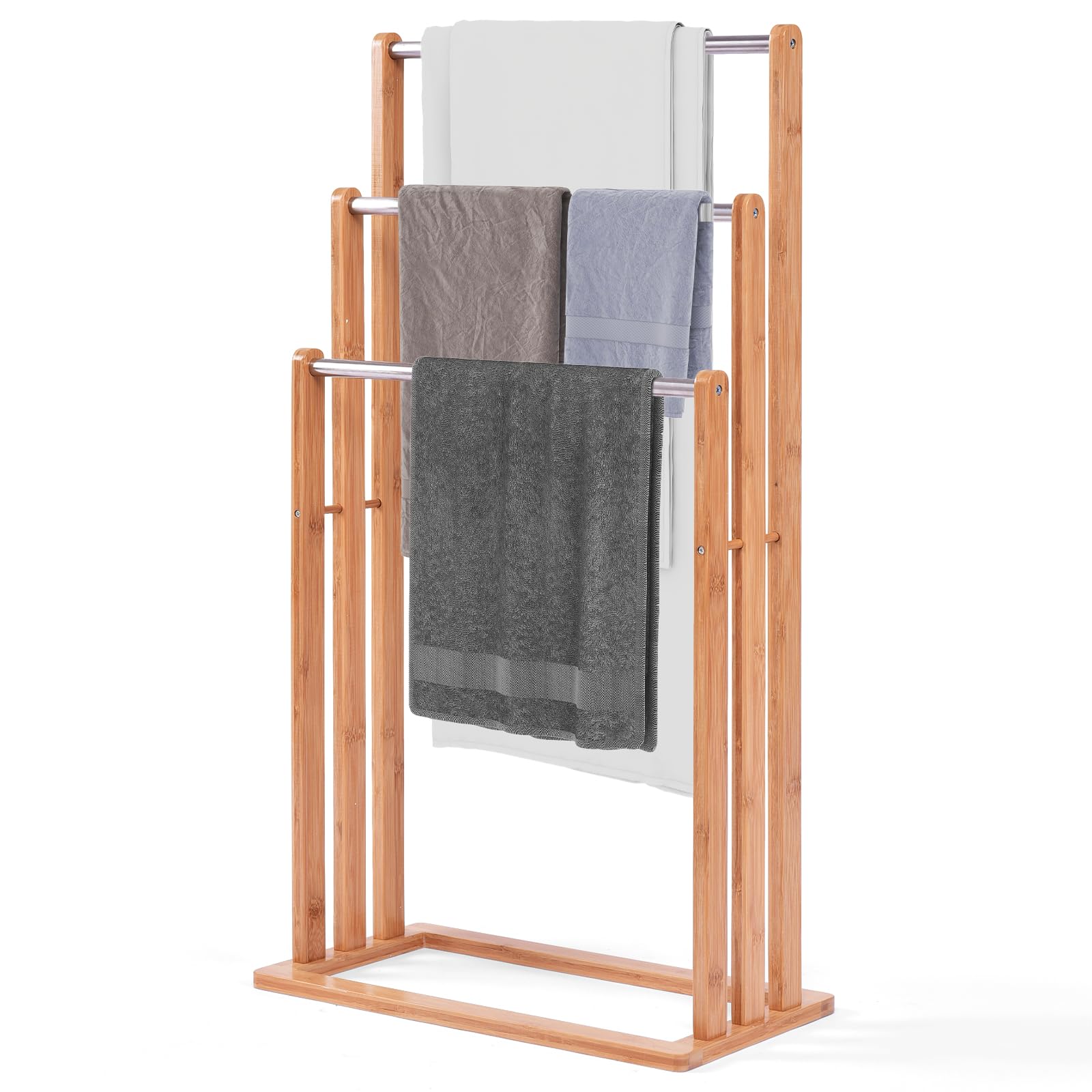 COSTWAY Portasciugamani in Bambù da Terra | Mobile Bagno con 3 Aste per Asciugamano in Acciaio Inox, 46x24x84cm