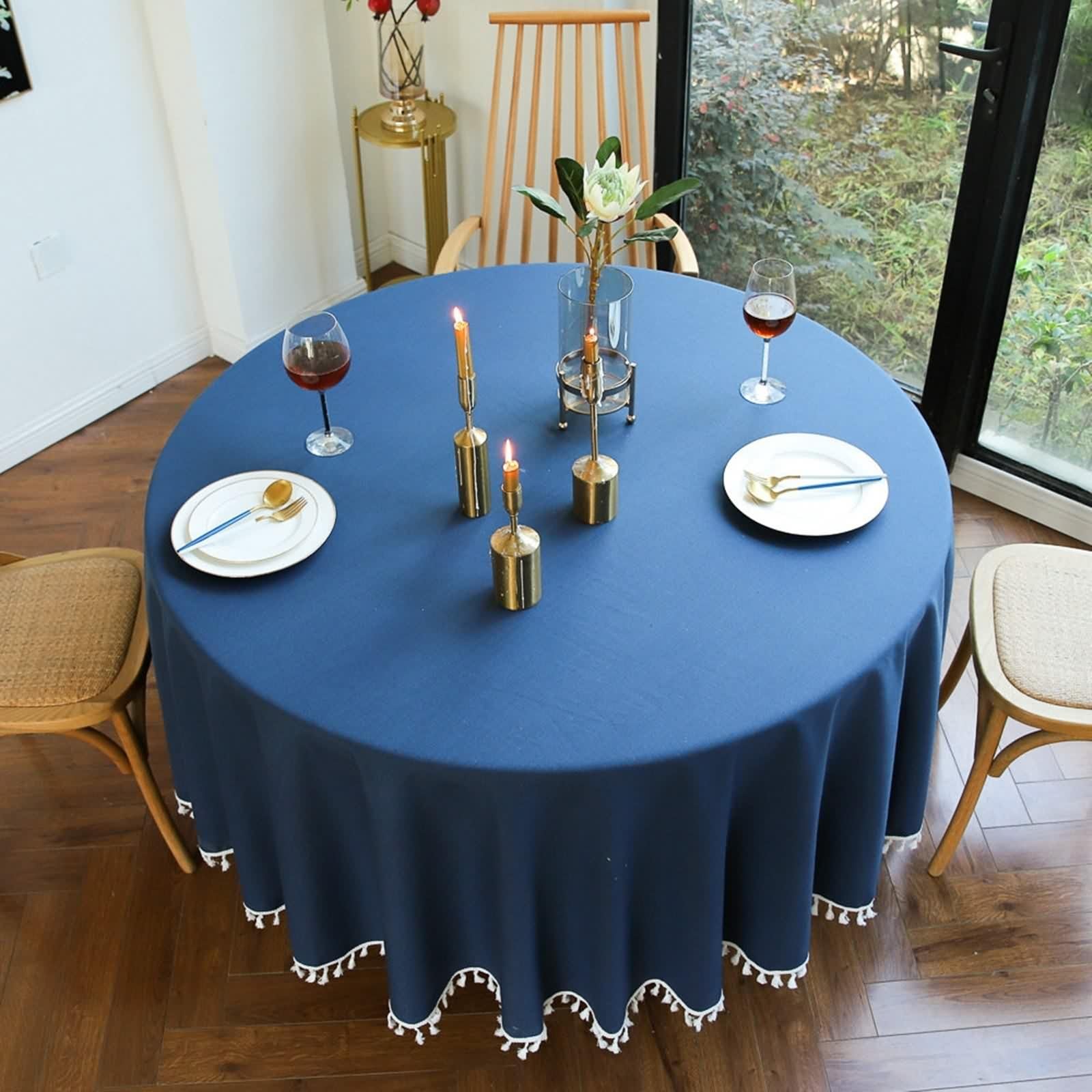 Tovaglia Tavolo Feste, Tovaglia Cotone e Lino Blu Scuro Colori Solidi Copri Tavolo 120CM per Soggiorno Cucina