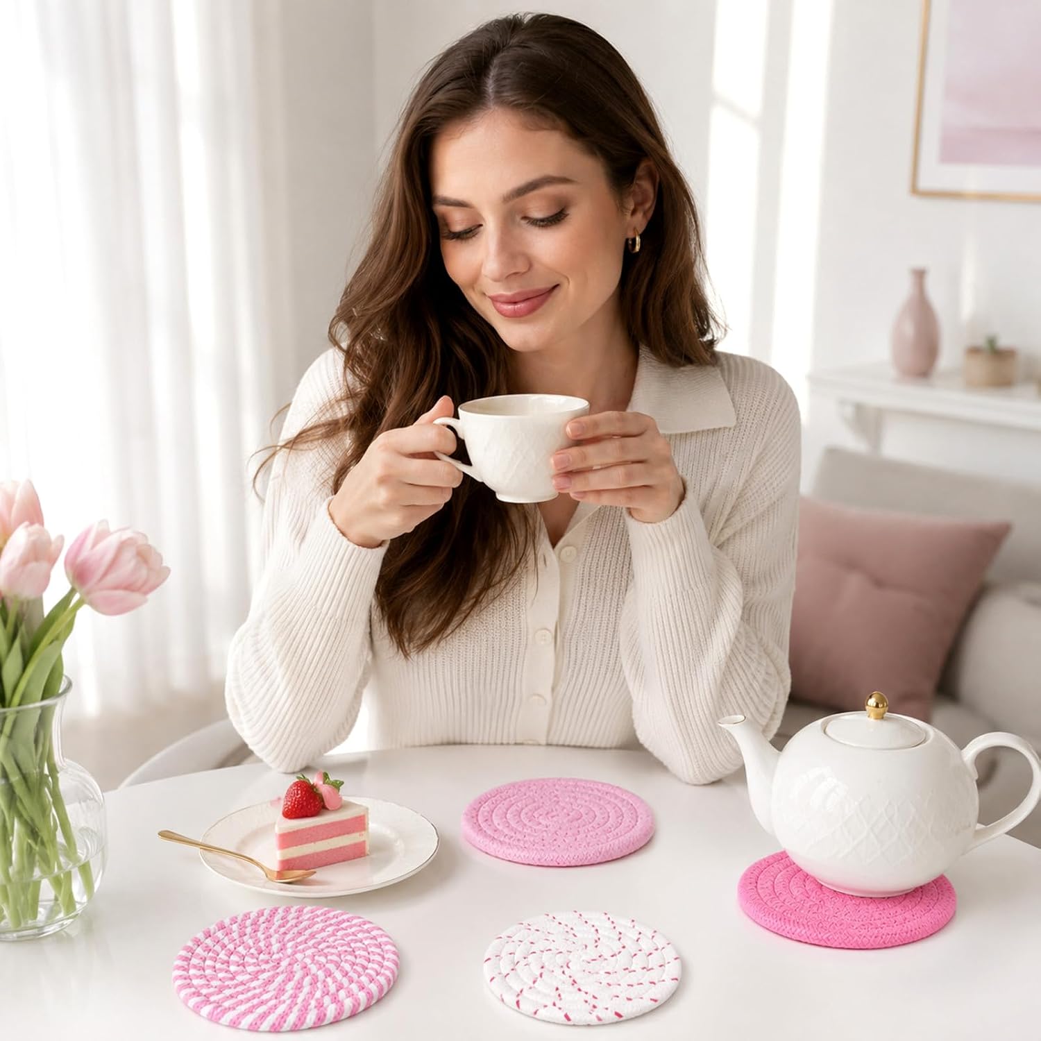 4pcs Cute Pink Pastel Coasters for Desk 4.3inch Woven Fabric Drink Coasters