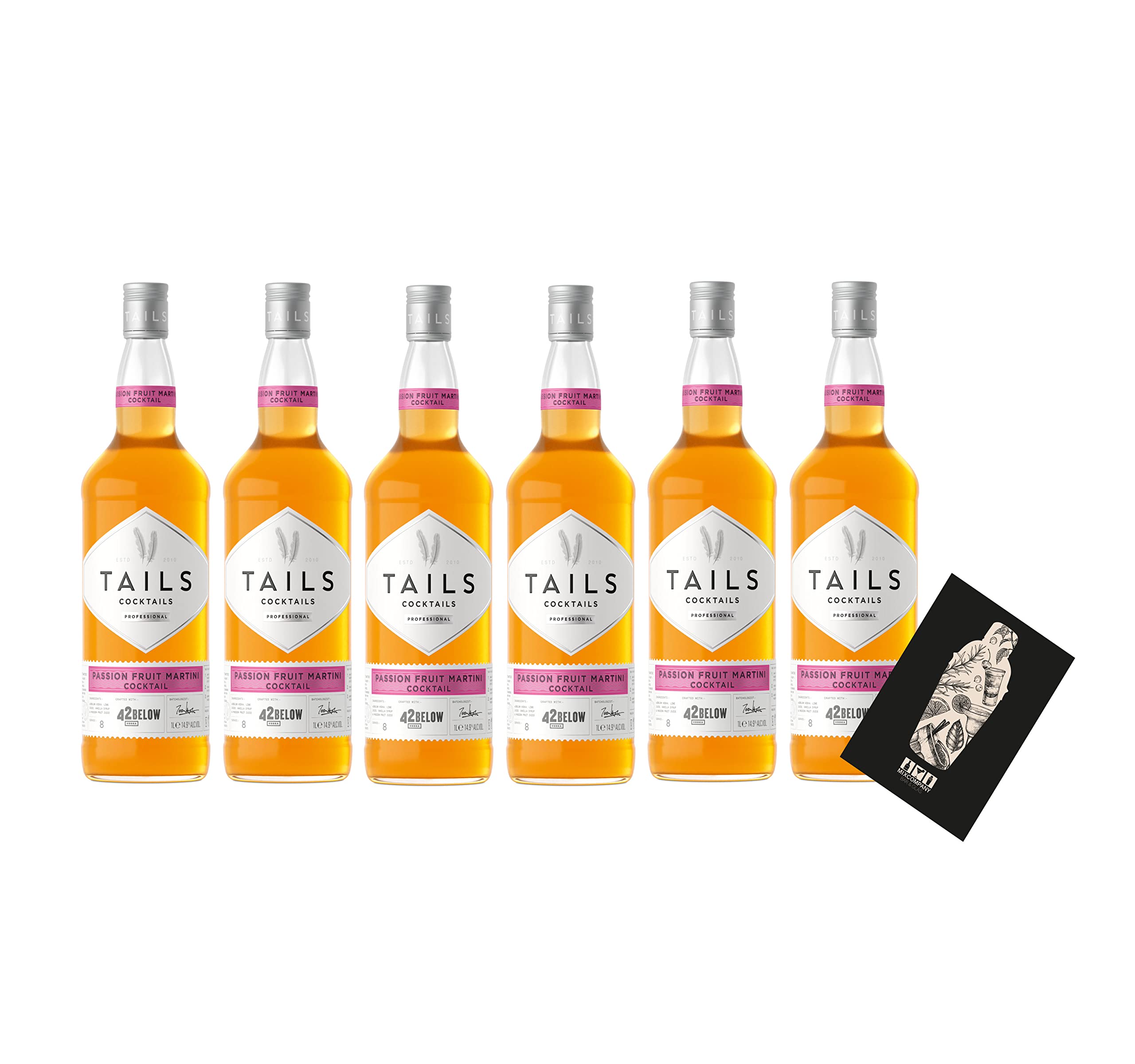 Tails Cocktails 6er Set Pornstar Martini 6x 1L (14,9% Vol) Fertig Cocktail Ready to Drink mit Mixcompany Grußkarte - [Enthält Sulfite]