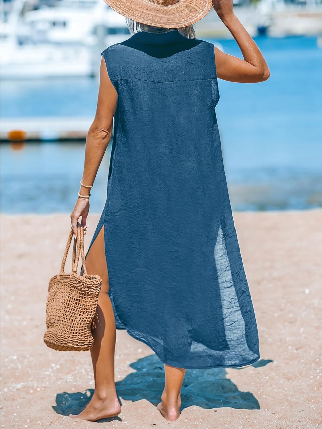 CUPSHE Women's Swimsuit Coverup Casual Sleeveless Side Split Long Cardigans V Neck Midi Beach Dress - Image 2