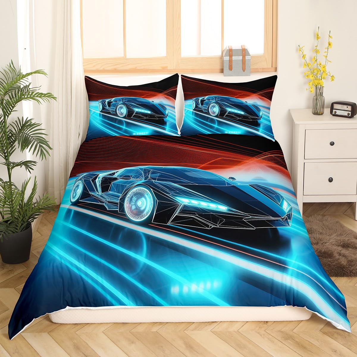 Speed Sports Car Duvet Cover Set Black Race Car Blue Bedding Set for Kids Boys Girls Extreme Sport Theme Comforter Cover Cool Speed Decor Bedding & Linen Bedroom 3Pcs King Size - Image 3