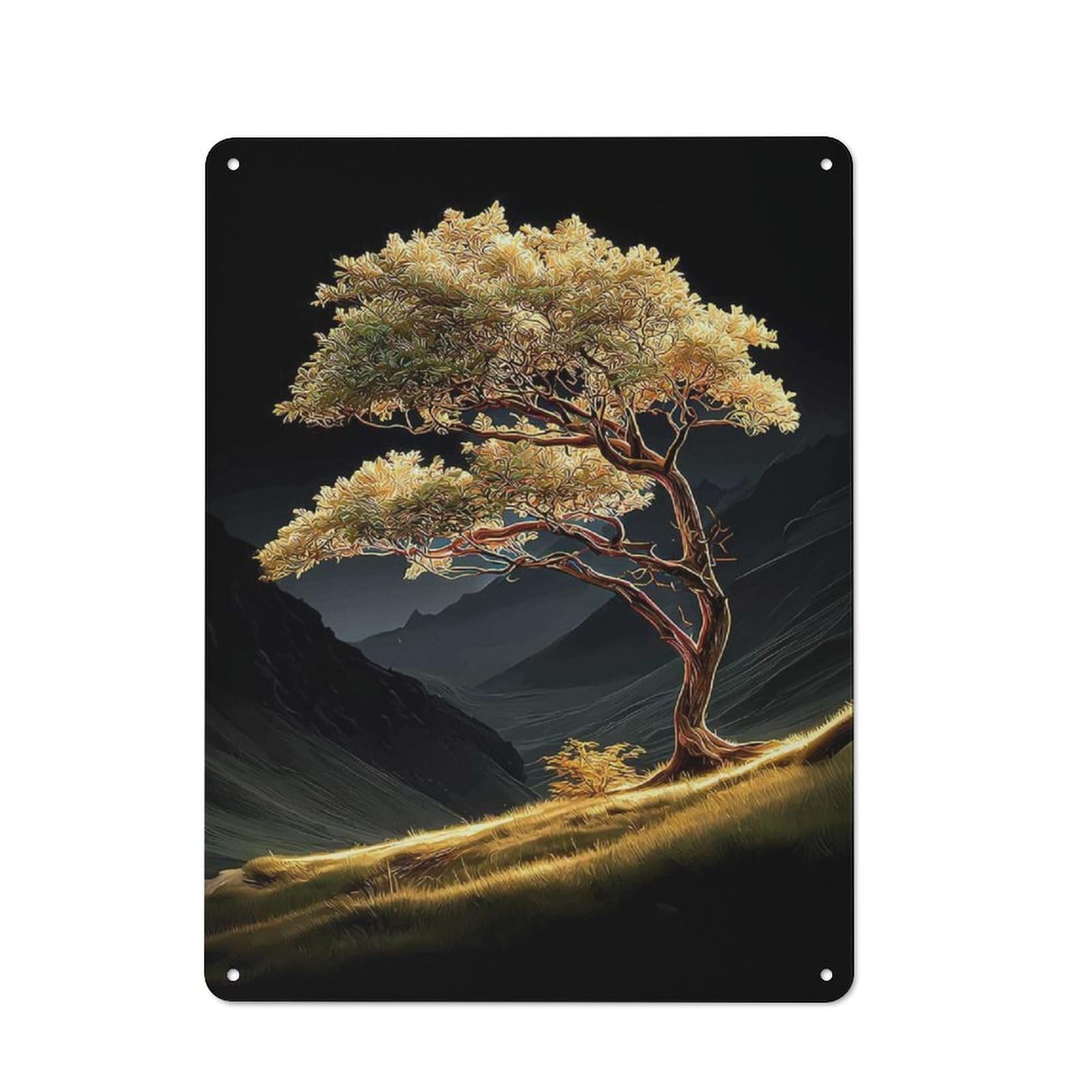 Rustic Tin Sign 40x30cm Featuring Golden Tree in Mountain Valley for Living Room Wall, for Room Styling Across Living Rooms And Feature Walls