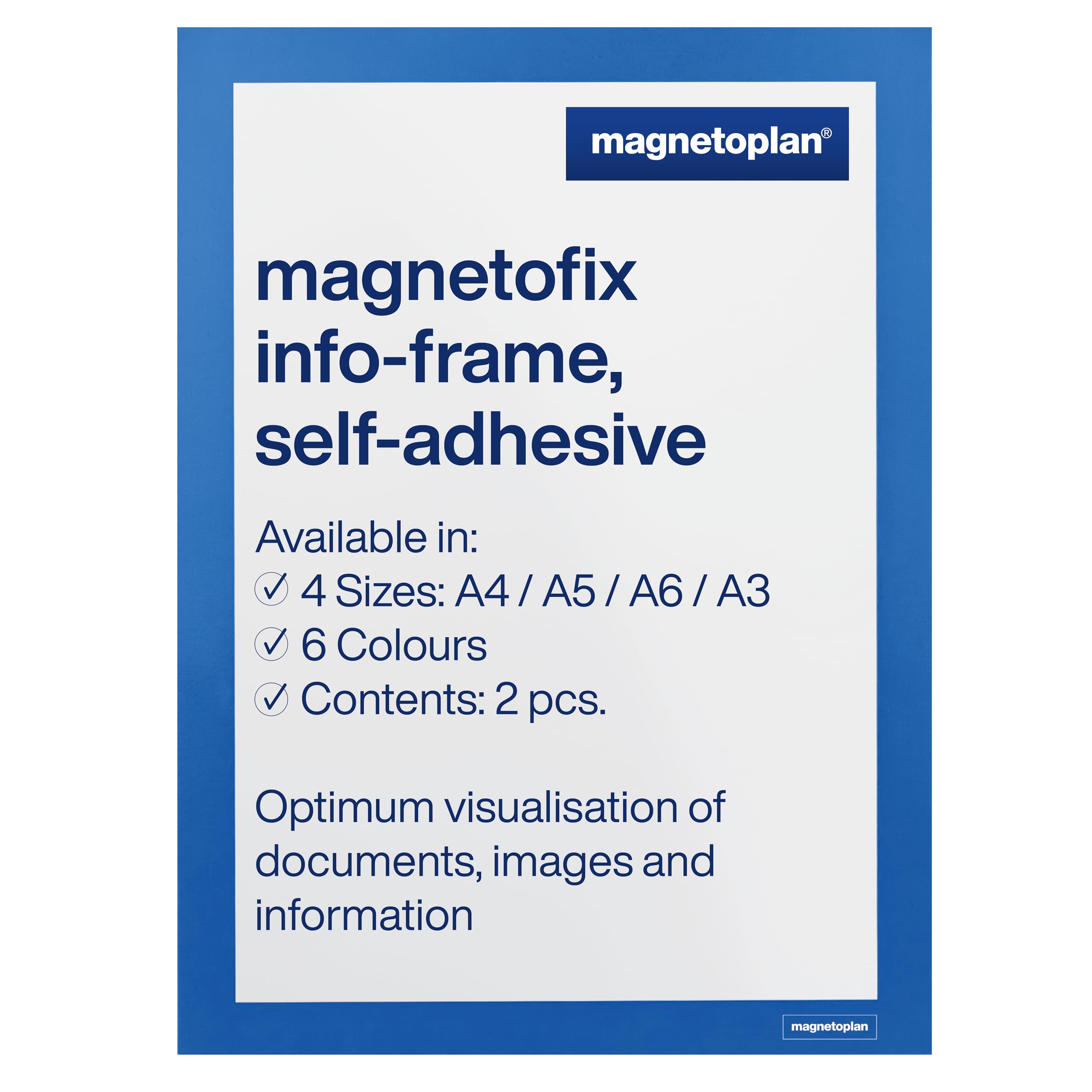 magnetoplan magnetofix Index Frame, Pack of 2, self-Adhesive Index Frame with Magnetic Closure, DIN A4, Blue Magnetic Frame for Communications and documents