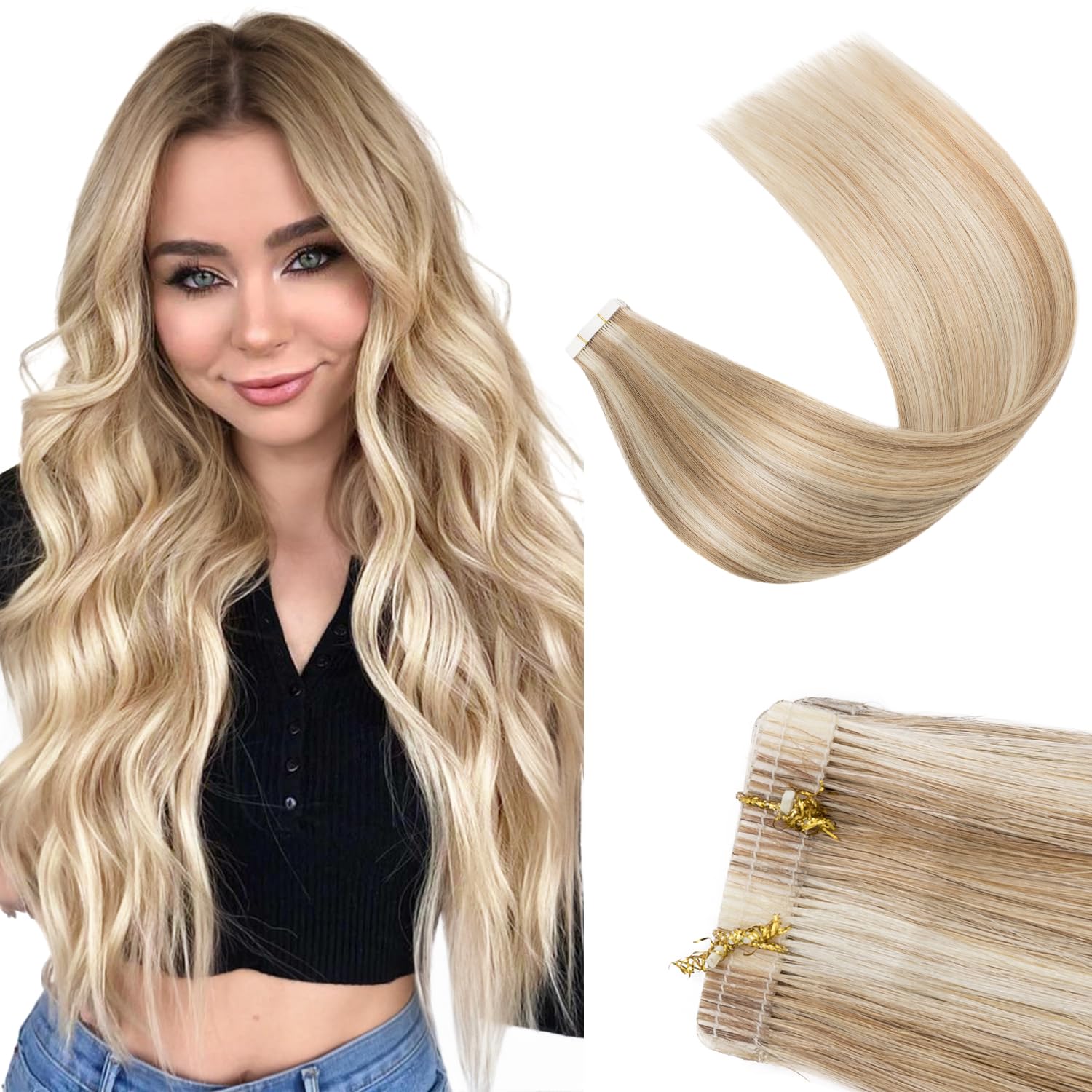Human Hair Tape in Extensions-Double Stitched,SLEEKALON Free-cut Mini Tape ins Real Hair Extension Highlights Bleach Blonde mix Brown Seamless