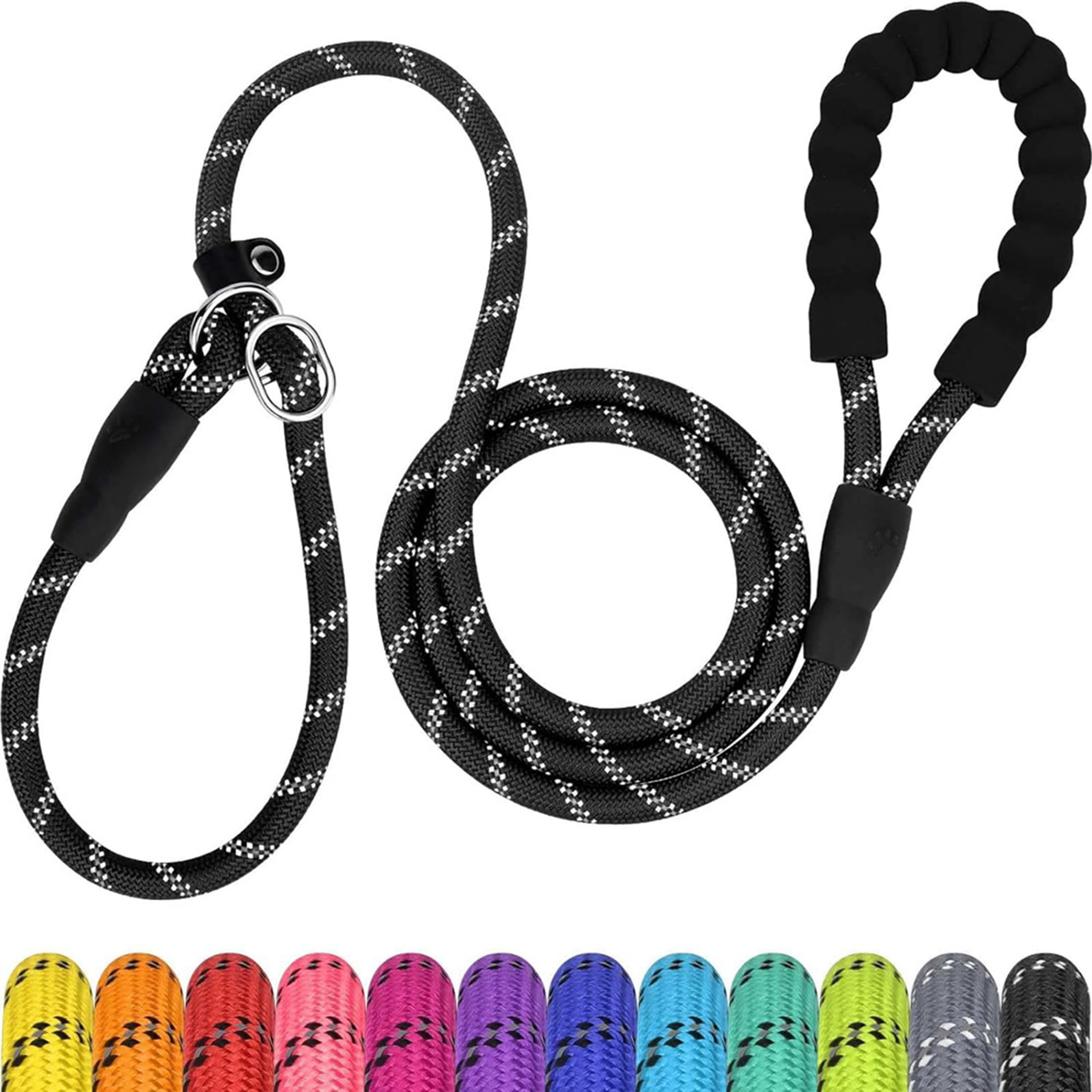 Slip Dog Lead, 2-Meter Reflective Slip Lead with Padded Handle, Training Slip Lead for Small, Medium & Large Dogs | Enhanced Night Safety & Comfort (Black)