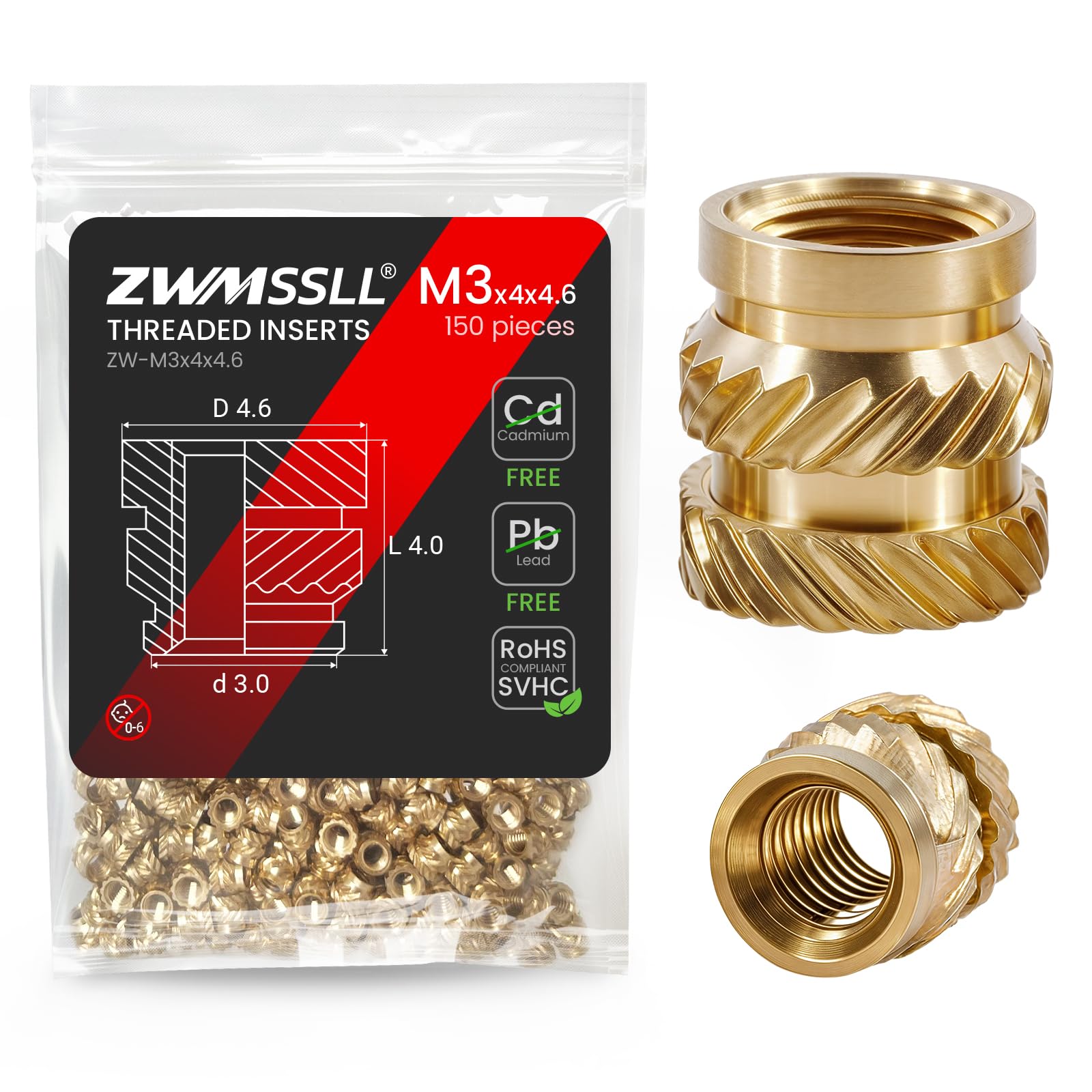 ZWMSSLL M3 Heat-Set Threaded Inserts, M3x4x4.6mm(150Pieces) Heat Set Insert for 3D Printing Components and Plastic Parts,Brass Metric Knurled Nuts