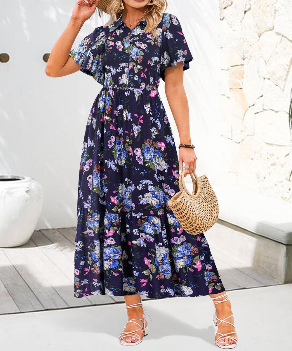 RITERA Plus Size Short Sleeve Dress for Curvy Women Button Up Floral Flowy Summer Casual Maxi Dresses with Pockets XL-5XL - Image 2