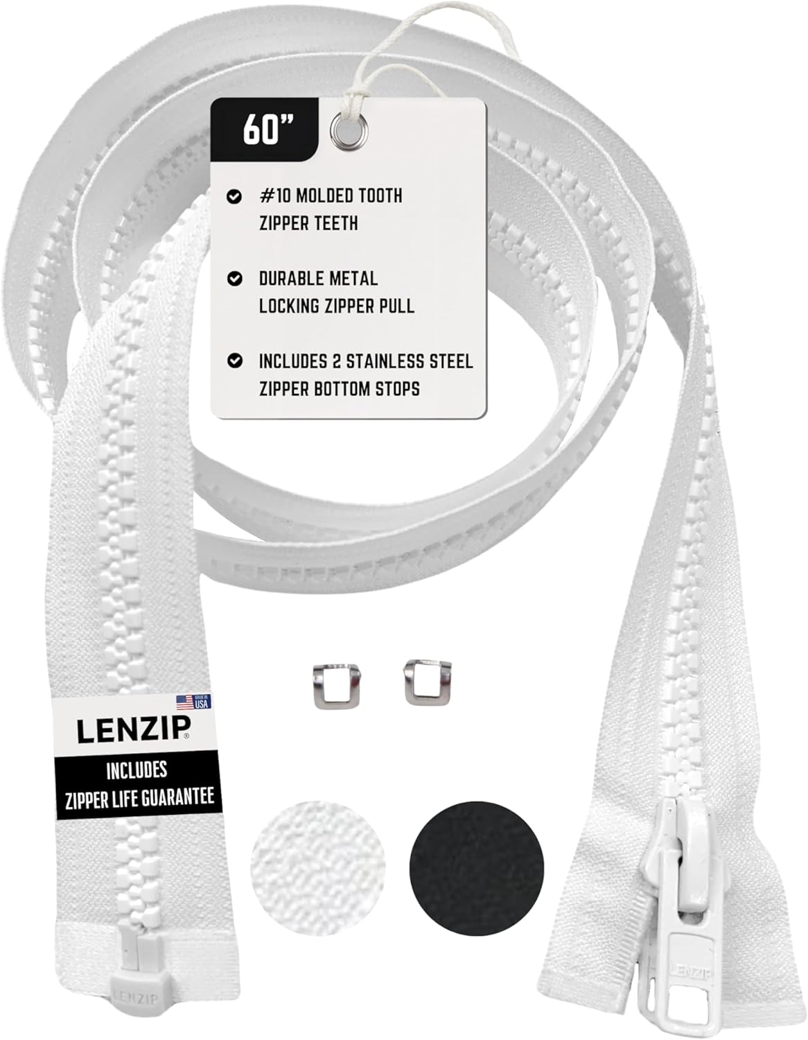 EZ-Xtend Lenzip #10 Separating Zipper for Canvas - Heavy Duty Cut to Length with Double Metal Locking Pull - Includes 2 Stainless Steel Zipper Bottom Stops (White, 60")