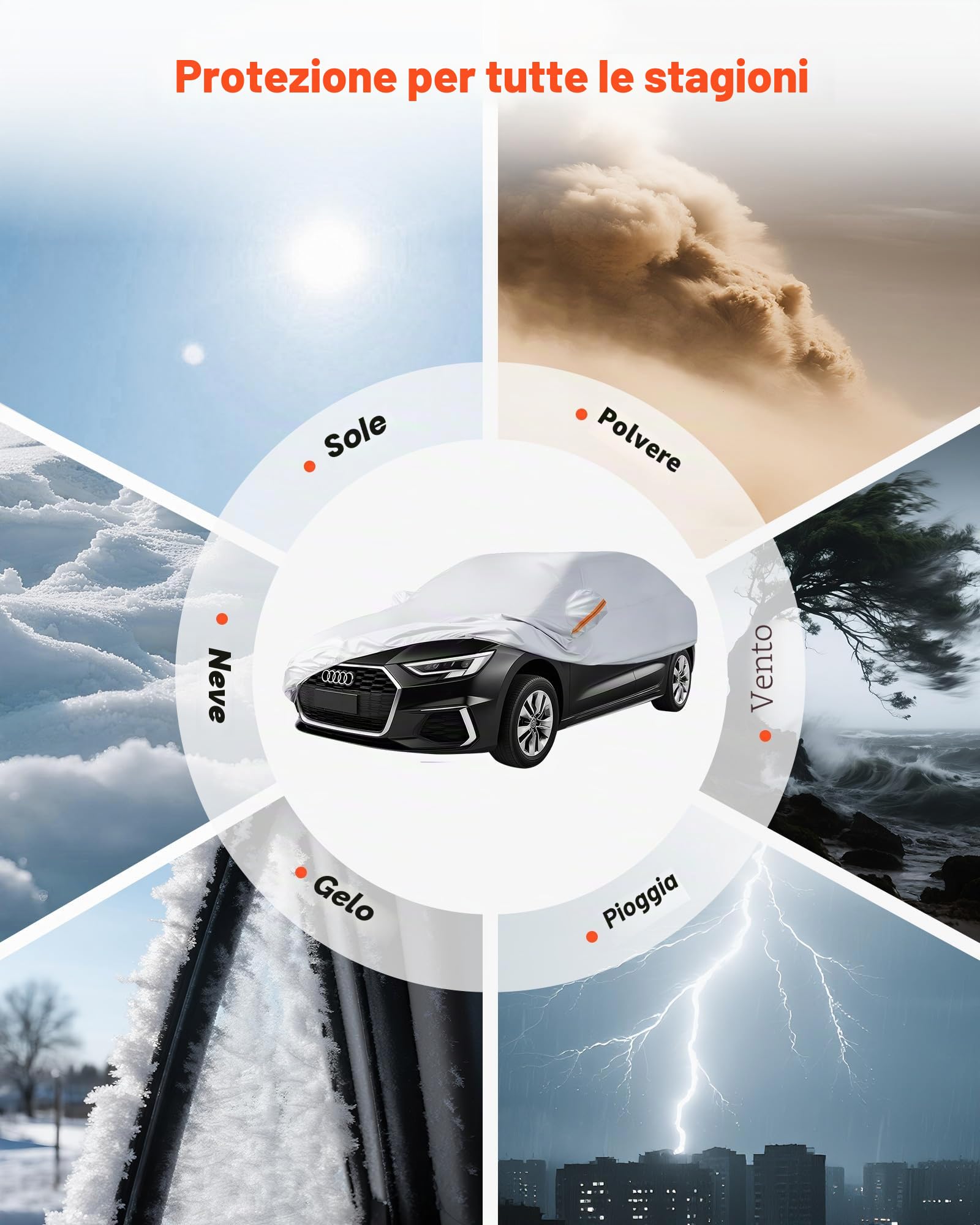 VEVOR Telo Copriauto, Telo per Auto Impermeabile per Modelli di Berline Europee di Medie Dimensioni, Protezione Completa su Misura Neve, con Cerniera Sulla Portiera e Fodera in Cotone, Argento
