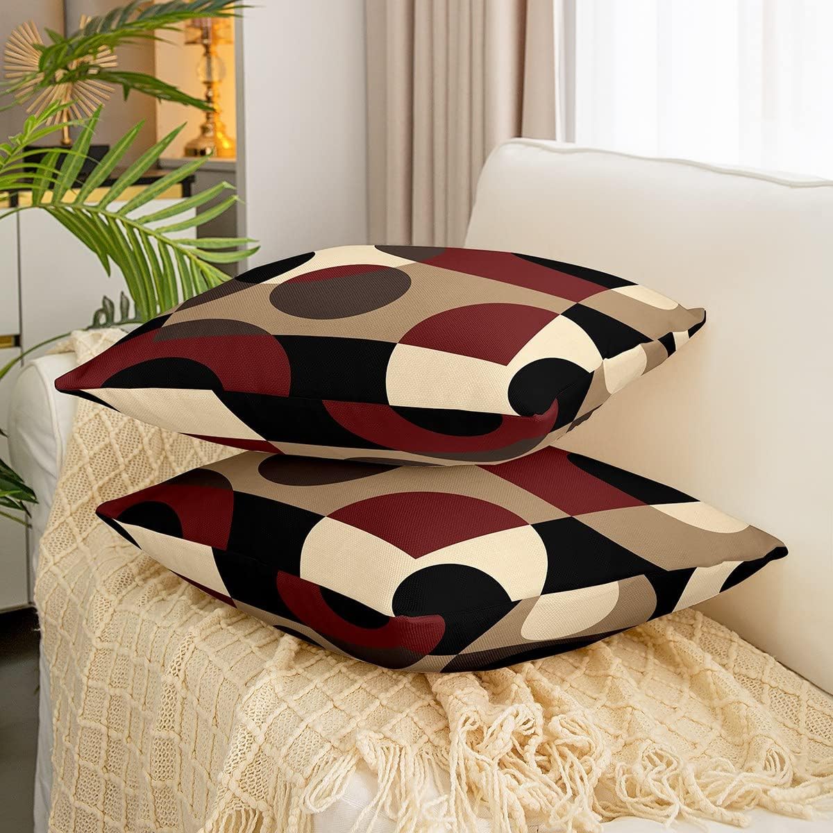 Erosebridal Pack of 4 Red Throw Pillow Covers Circle Pillow Covers 18x18,Abstract Swirls Lines Stripes Cushion Covers Retro Grommet Geometric Rustic Modern Circle Psychedelic Urban Art,Brown Black