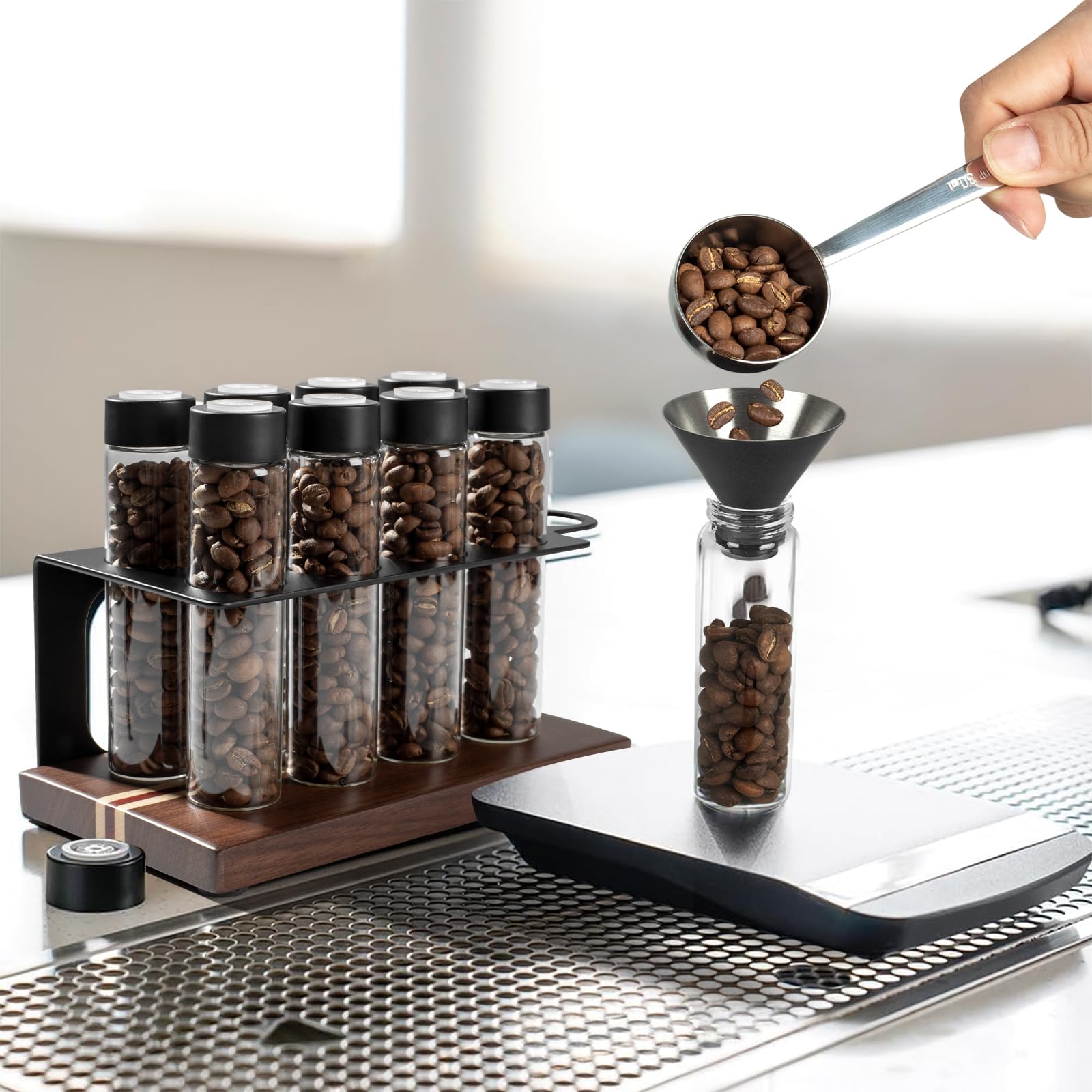 Walnuss Massivholzsockel Kaffeedosen 8 Röhren Kaffeebohnen | Aufbewahrung aus Holz für einzelne Portionen,Kaffeebohnen Behälter,Glasfläschchen mit Deckeln, Behälter-Displayständer