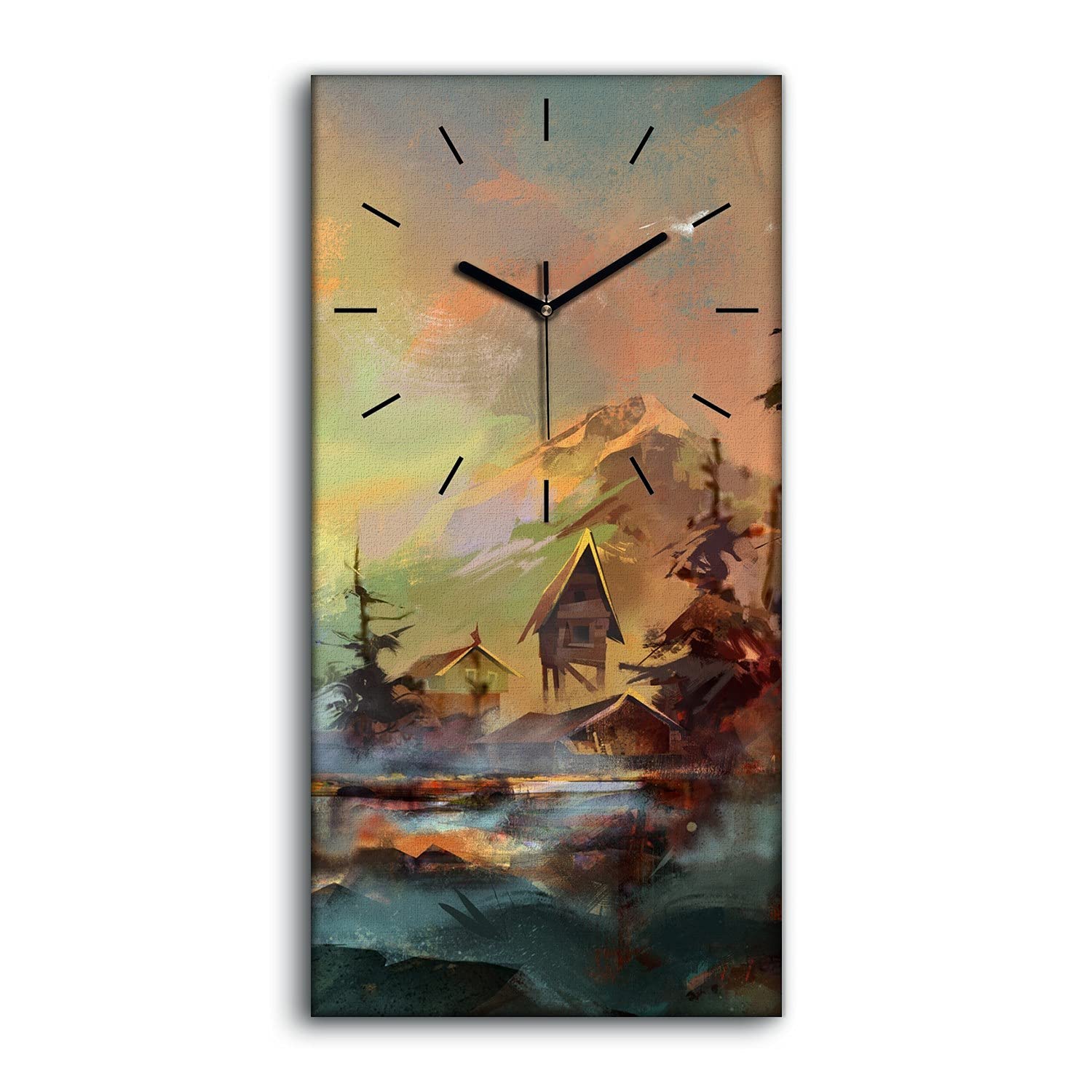 Horloge silencieuse en toile avec paysage coloré de village et montagne