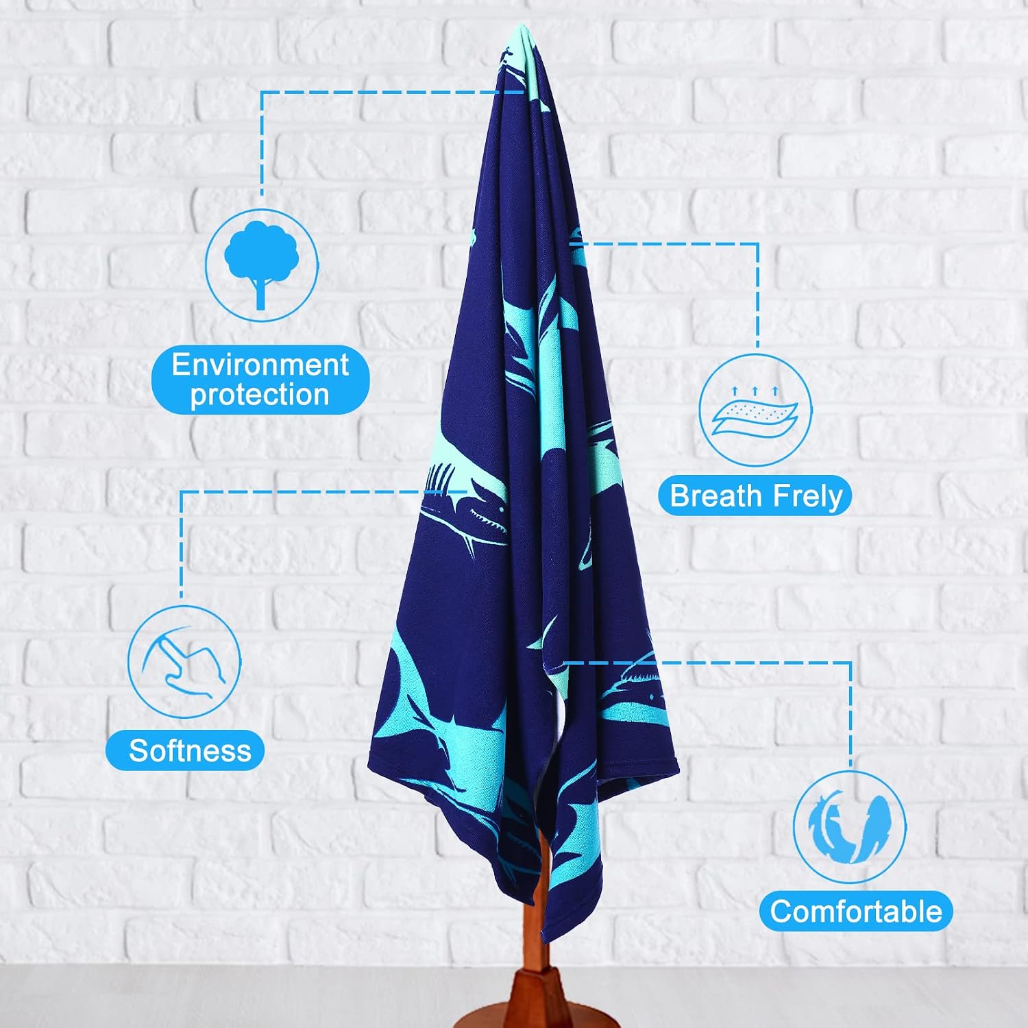 Genovega Oversized Terry Beach Towel 36 x 72 in Soft Extra Large Long Pool Swim Towels for Adult Men Clearance XL Big Travel Blanket Haves Vacation Essentials Lounge Chair Cover Navy Blue Shark