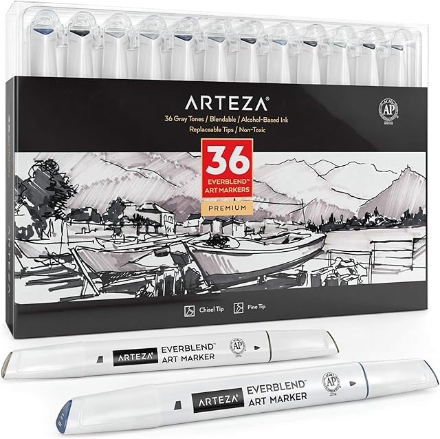 ARTEZA Everblend Gray Tone Art Markers, Set of 36 Colors, Alcohol Based Sketch Markers with Dual Tips (Fine and Broad Chisel) for Painting, Coloring, Sketching and Drawing