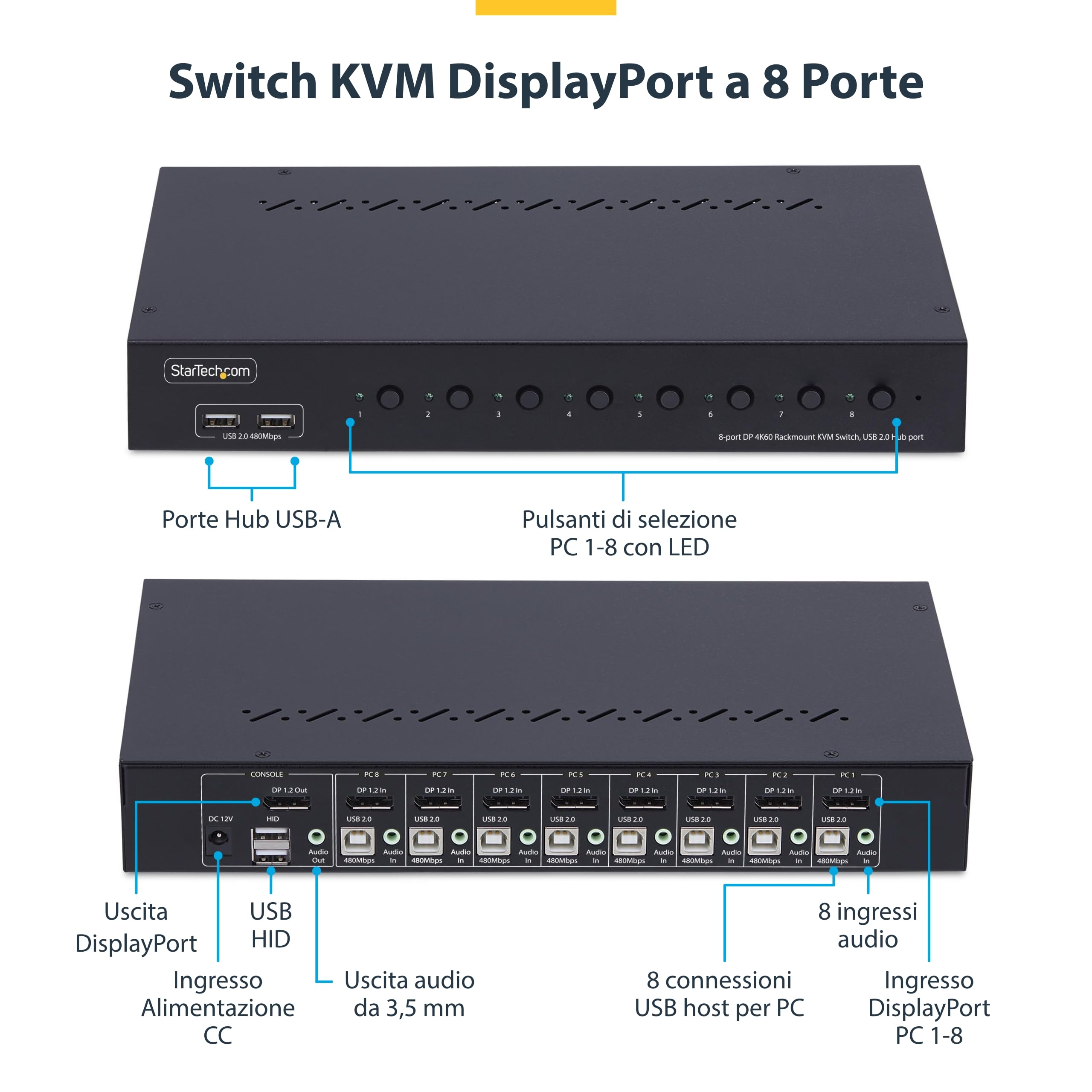 StarTech Switch KVM DisplayPort 8 Porte, 4K 60Hz, DP 1.2, Kit Rack 1U | Risoluzione 4K Ultra HD, DisplayPort 1.2, Ideale per data center e sale server