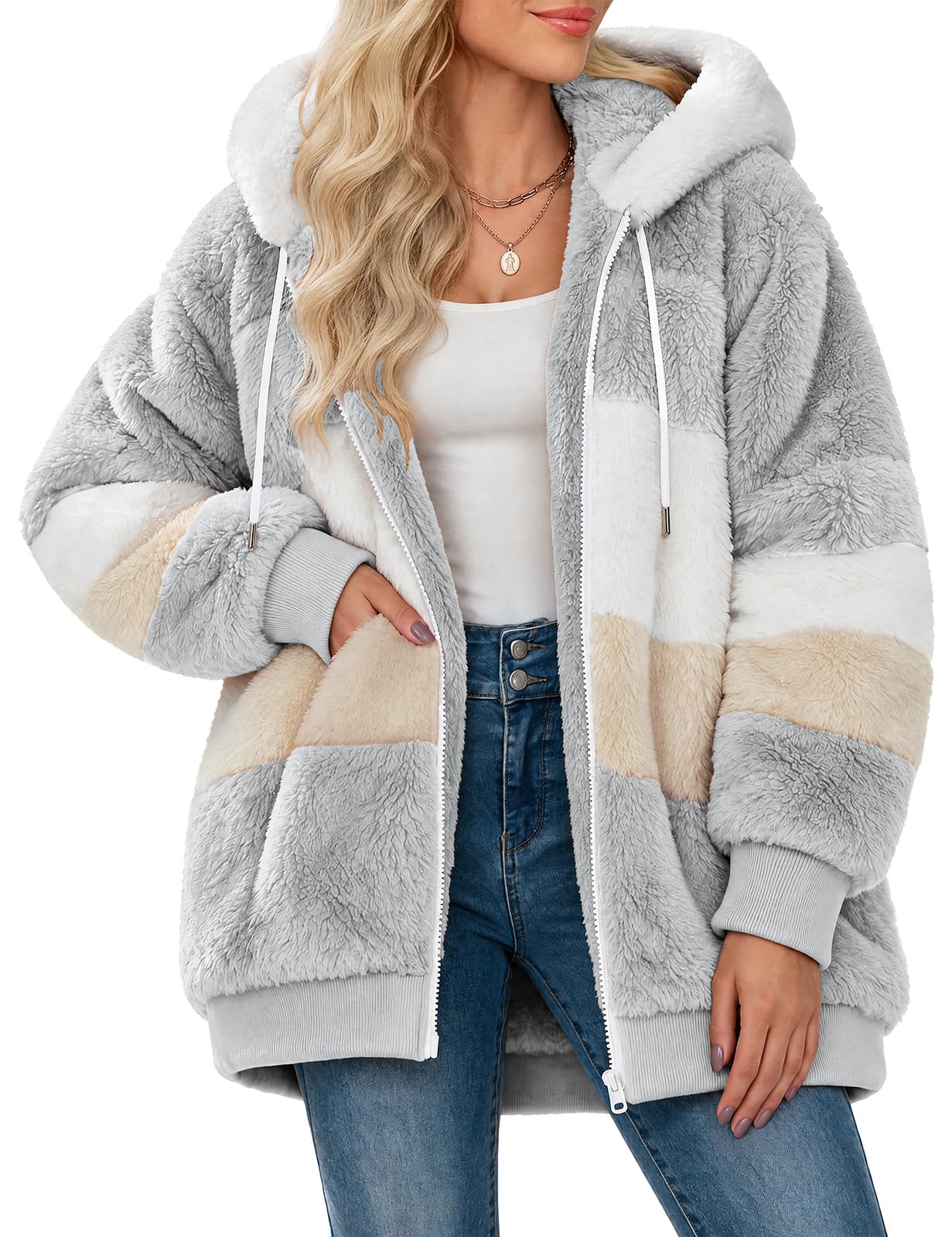 CMTOP Felpa Donna con Cappuccio Caldo Felpa in Pile Teddy Autunno Invernali Cappotto Patchwork Peluche Felpa Donna con Zip Outwear Casual Hoodie Giacca con 2 Tasche