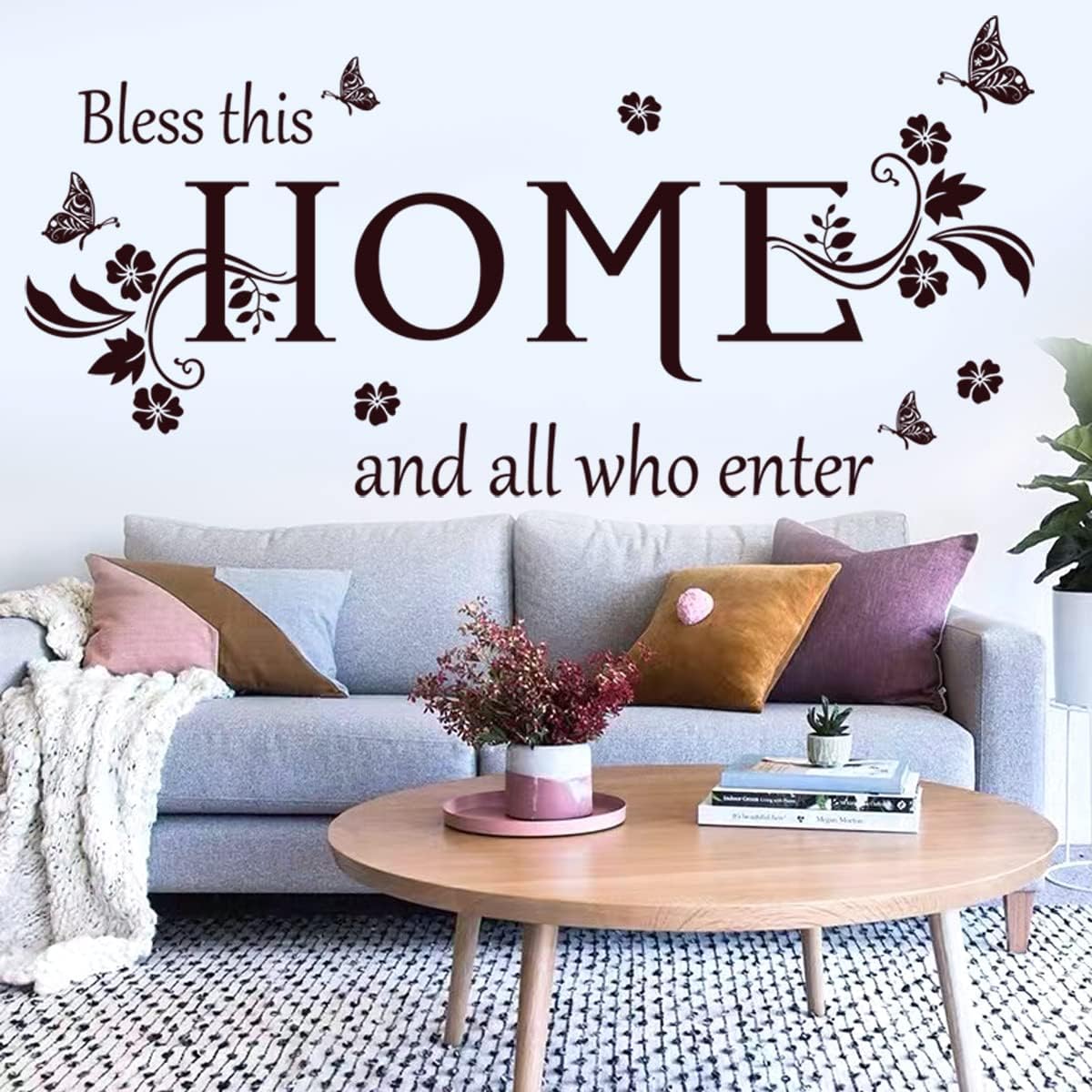 Wall Decals Wall Decor Sticker Quote Bless This Home and All who Enter Removable Mural Wall Stickers for Living Room Dining Room Bedroom Entryway Family Home Decoration (Brown)