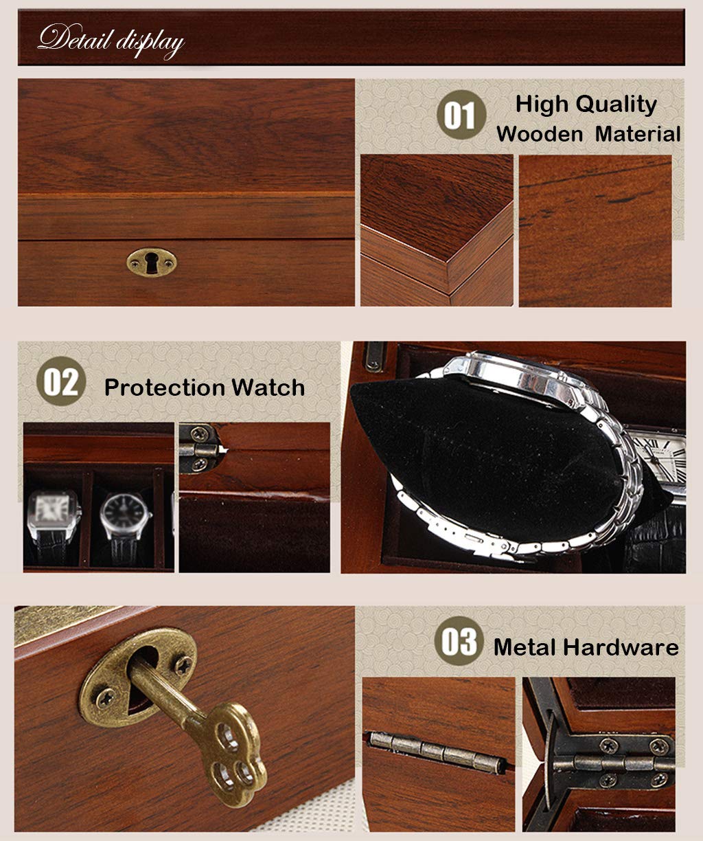 MUSUMI Caja organizadora de almacenamiento de joyas de lujo con tapa de Cristal para 10 relojes, caja organizadora con 10 almohadas de almacenamiento extraíbles para Hombres y Mujeres