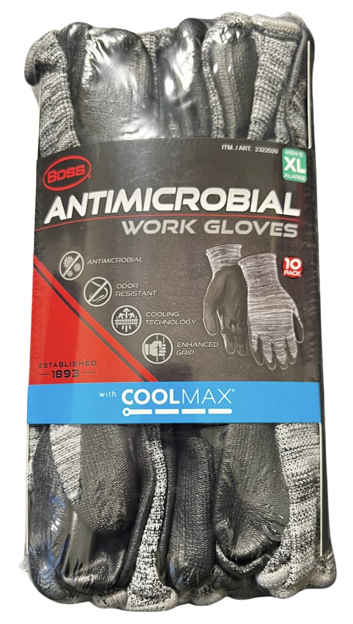 Boss Cool Technology Enhanced Grip Work Gloves Black Grey Size X-Large 10 Pairs