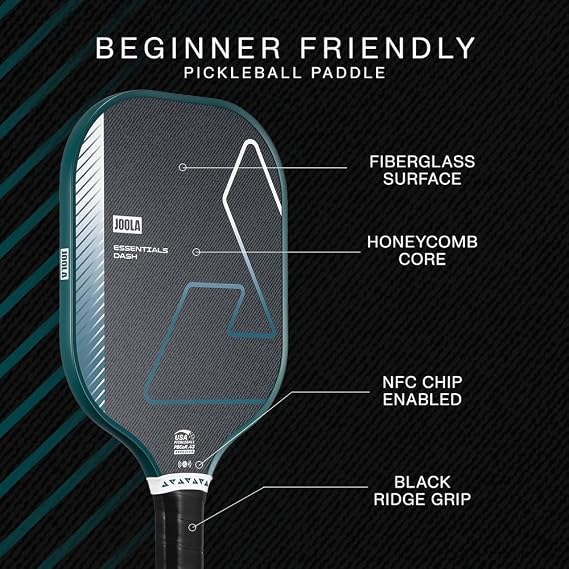 JOOLA Essentials Dash Pickleball Paddle Lightweight Paddle for All Ages, Fiberglass Sandblasted Surface for Spin, Cool Press Construction for Added Durability, USAP Approved, NFC Chip Enabled