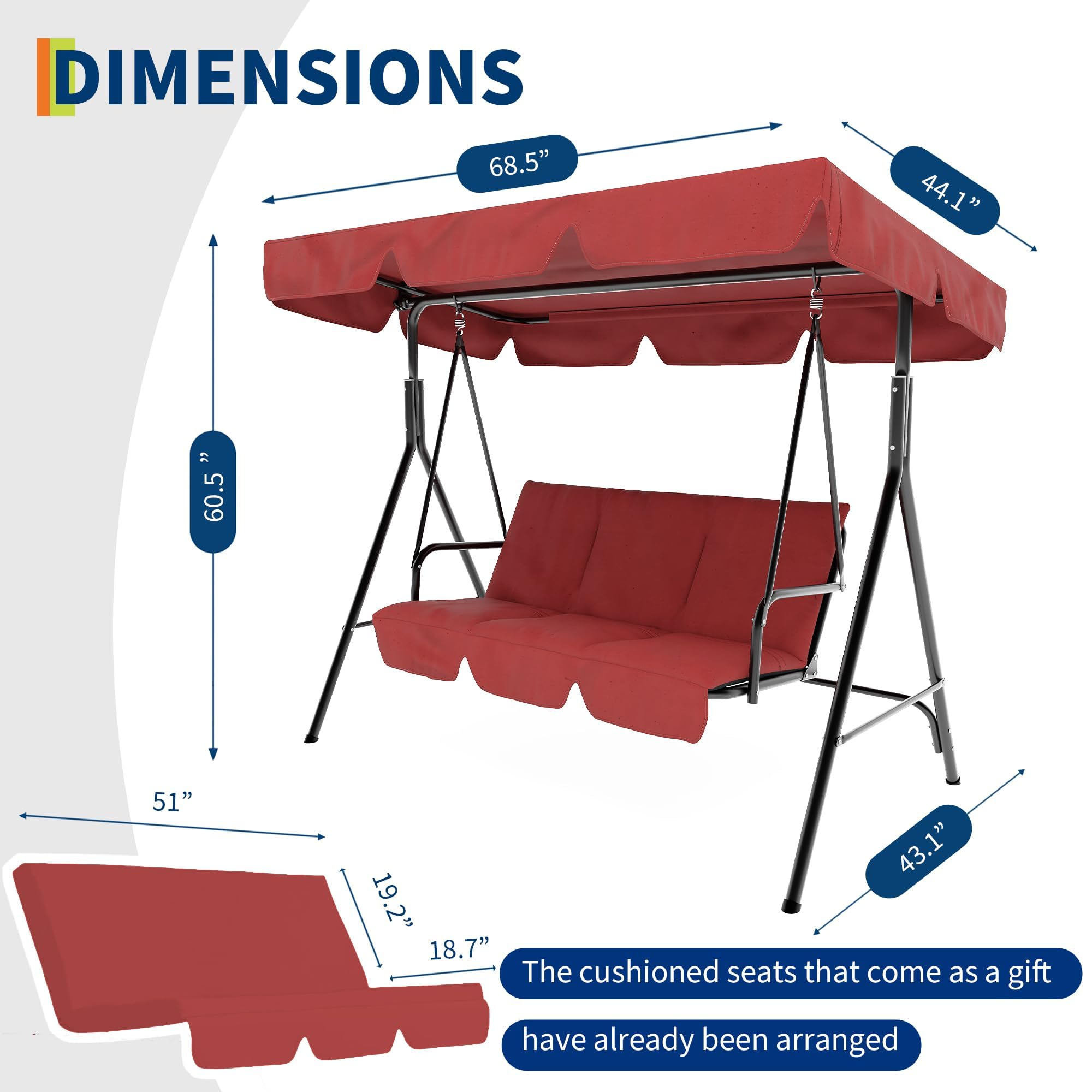 Balancelle De Patio 3 Places, Hamac Suspendu De Porche Extérieur Avec Auvent Réglable Et Accoudoirs, Assise Et Dossier En Textilène Respirant, Banc Balancé Pour Jardin, Bord De Piscine, Jardin Arrière