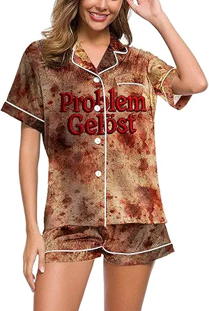eipogp Silky Satin Halloween Pajama Sets Women Bloody Print Button Short Sleeve Shirt Top and Shorts Set Pjs Sleepwear