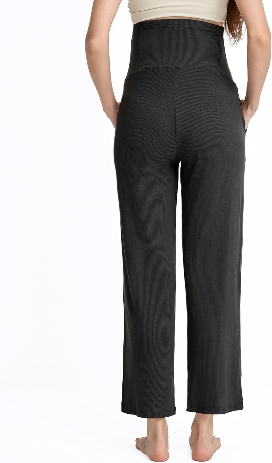 Liu & Qu Womens Maternity High Waisted Lounge Pants Casual Stretchy Ribbed Palazzo Pants Pregnancy Trousers with Pockets - Image 6