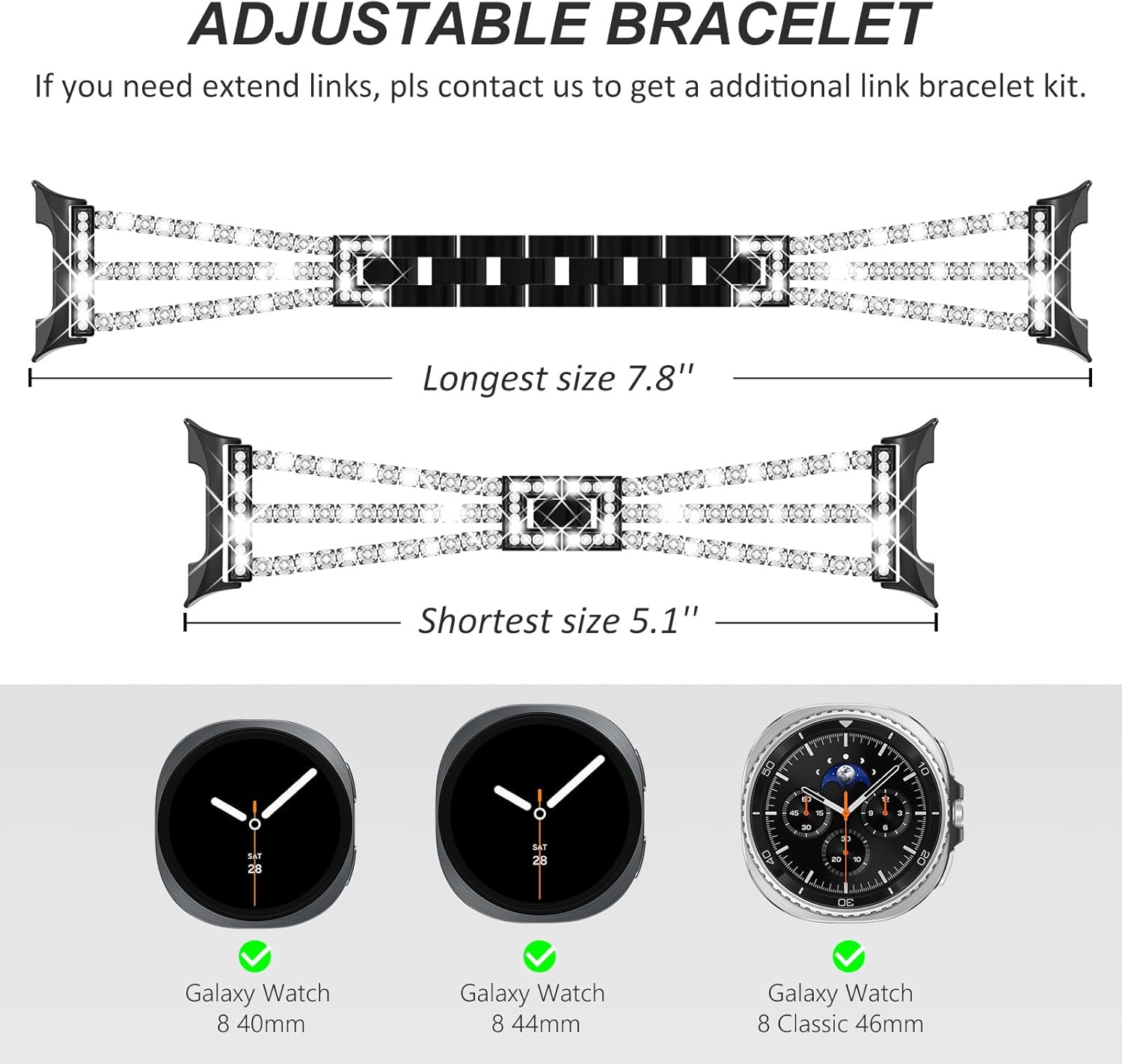 Surace Compatible with Samsung Galaxy Watch 8 Band 40mm 44mm, Galaxy Watch 8 Classic Band 46mm Women Bling Diamond Rhinestone Link Bracelet for Galaxy Watch 8 - Image 5