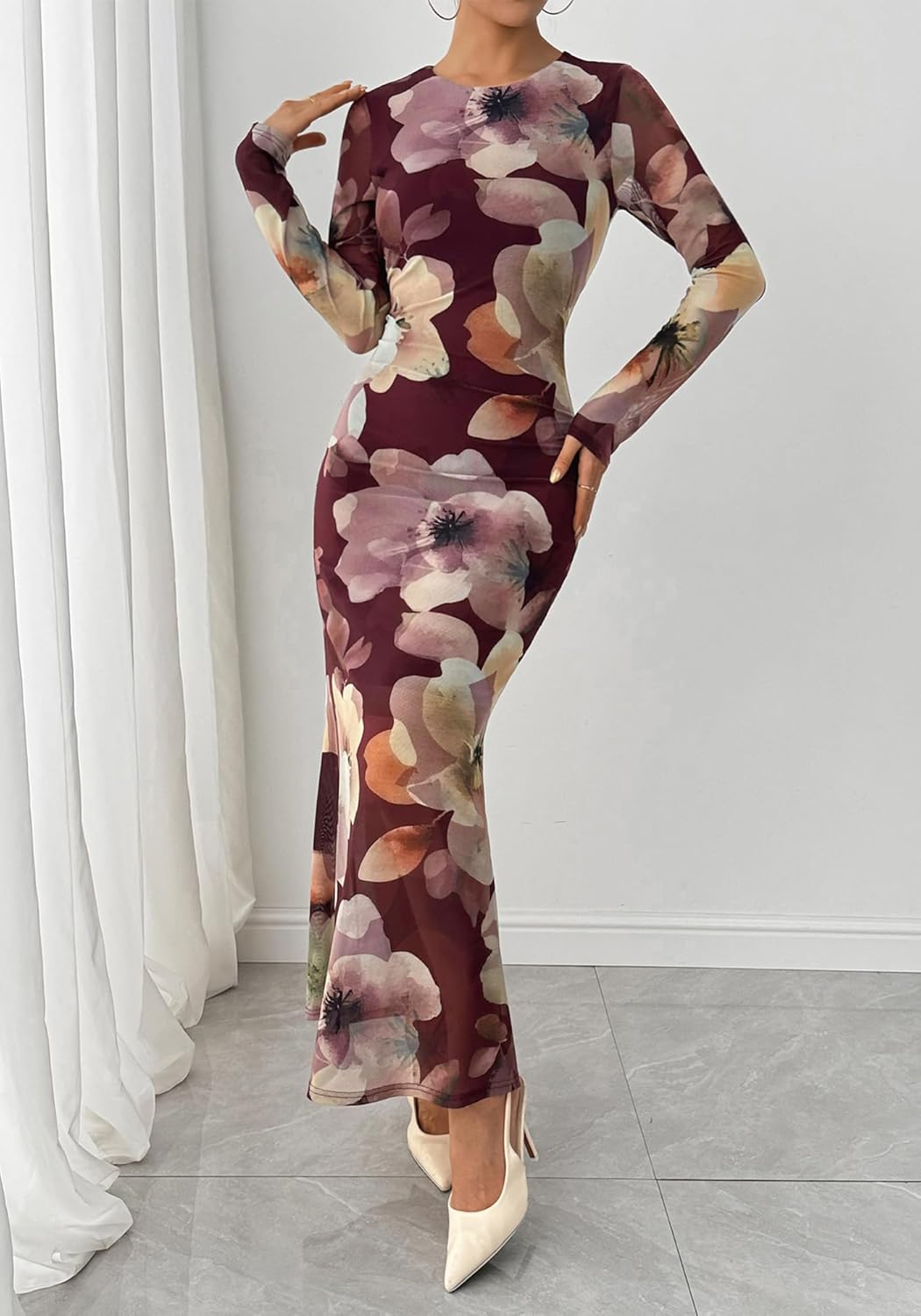 BTFBM Wedding Guest Dresses for Women Spring Fashion 2026 Bodycon Crew Neck Long Sleeve Boho Mesh Floral Maxi Fall Dress - Image 7