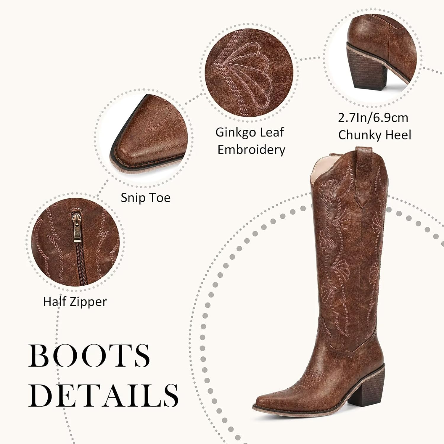 wetkiss Cowboy Boots for Women Knee High Womens Cowgirl Tall Boots with Side Zipper Snip Toe Comfortable Chunky Middle Heel Western Embroidery Boot for Wedding Country Concert Traveling Daily Outfits - Image 5
