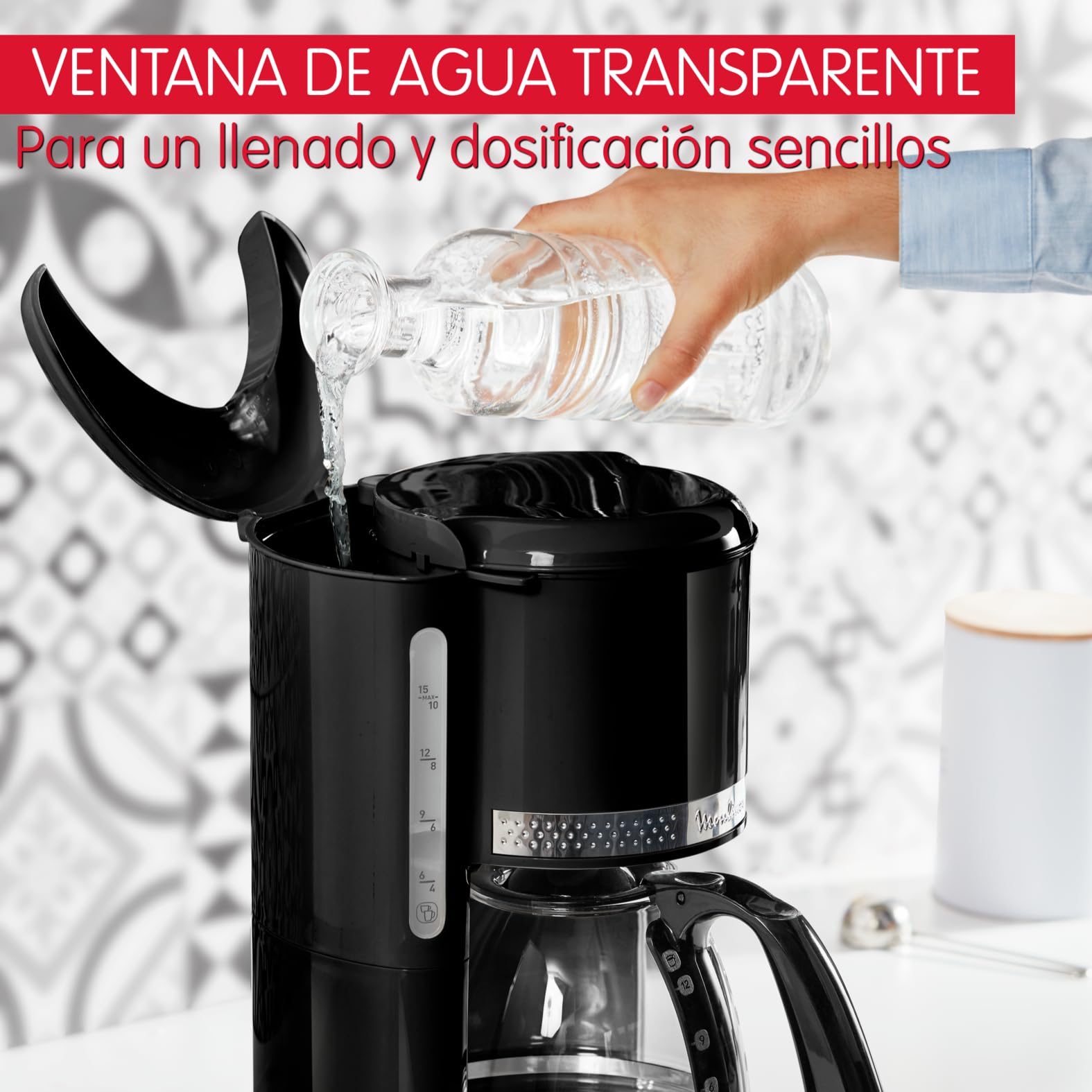 Moulinex Soleil – Cafetera filtro, capacidad de 1,25 L, hasta 15 tazas, control nivel del agua, temporizador programable, función mantener caliente, jarra cristal, color negro, FG380B