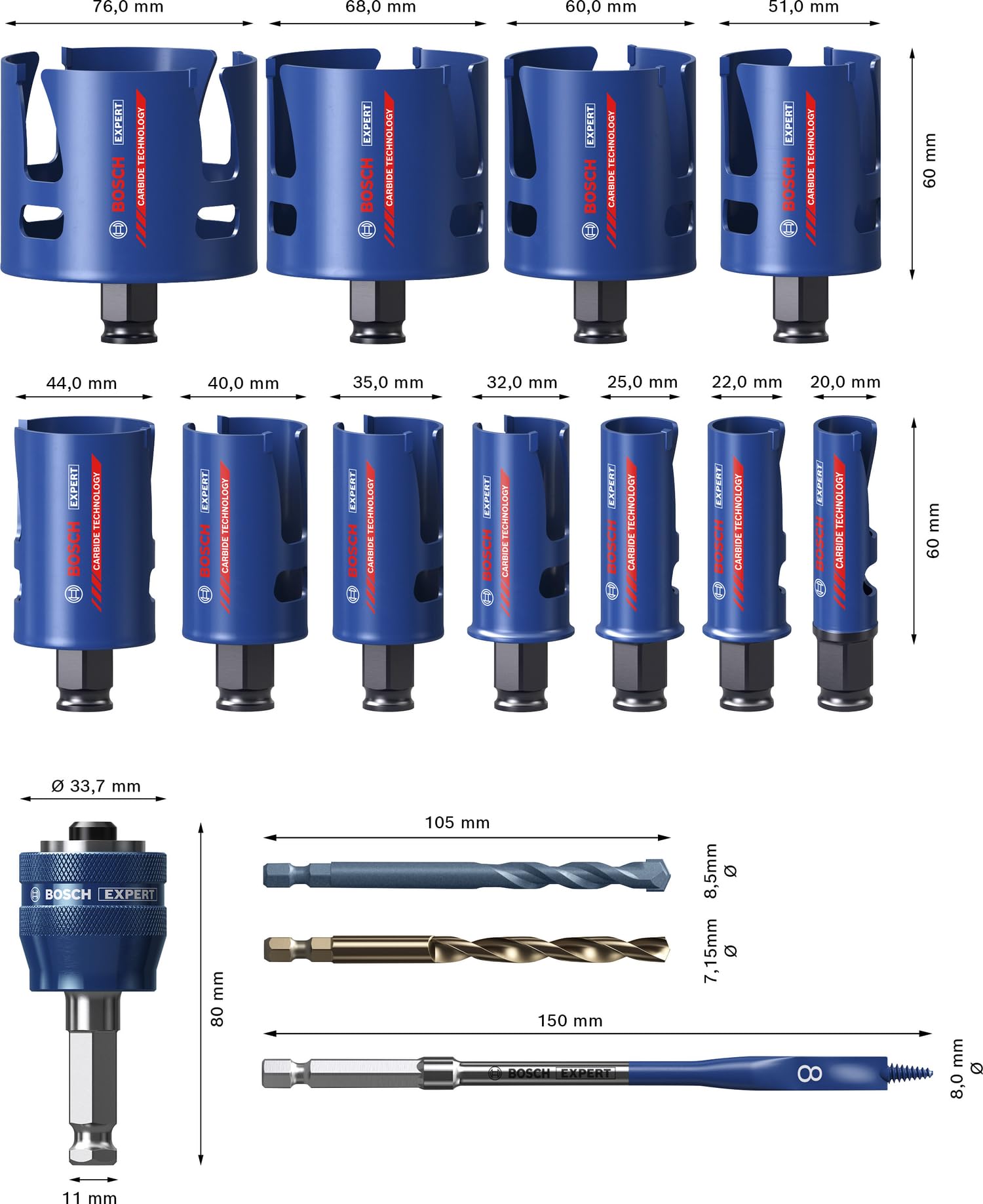 Bosch 15x Set di seghe a tazza universale EXPERT Construction Material PC Plus (per Legno tenero, Truciolato, Ø 20-76 mm, Professional Accessorio Trapanoi)