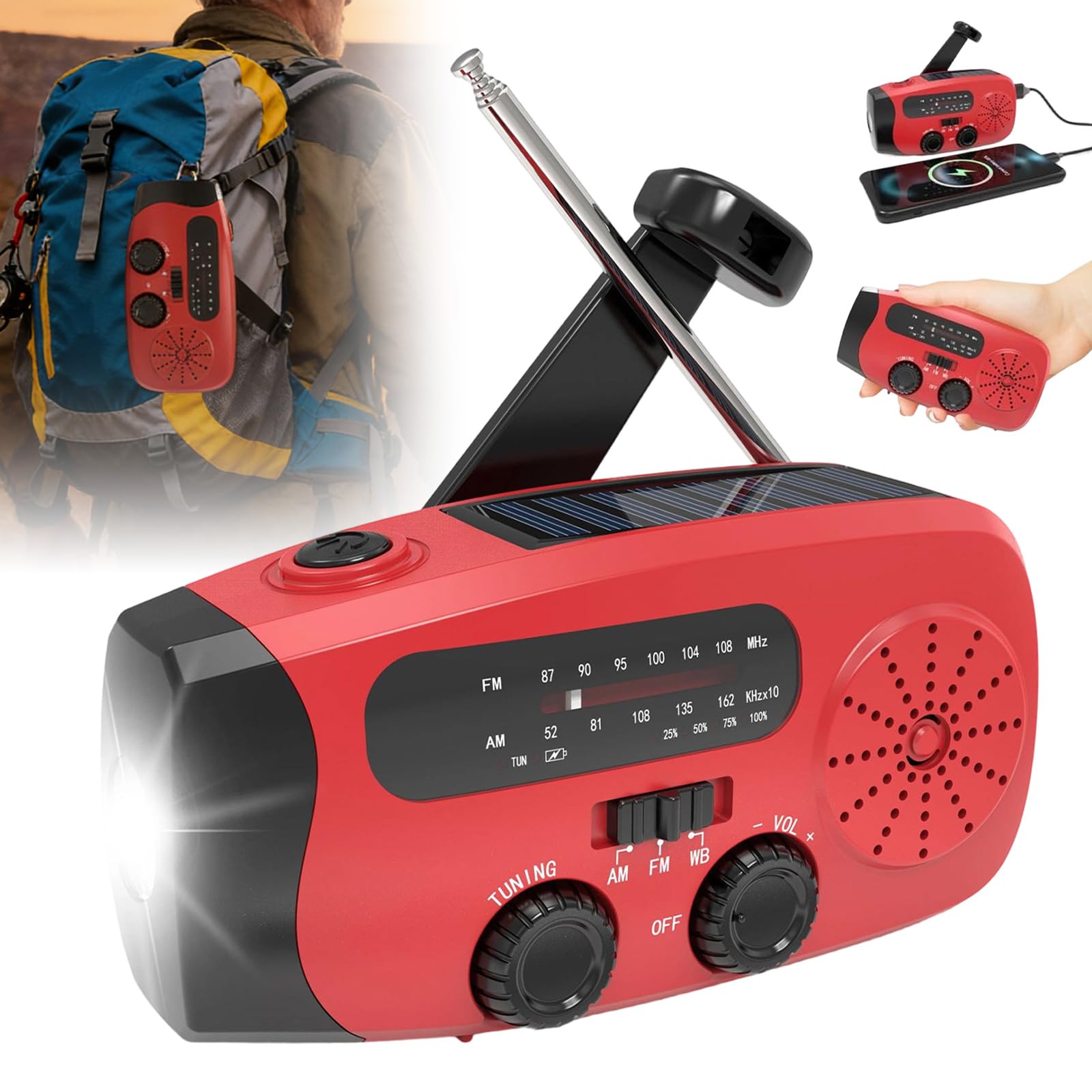Kurbelradio mit Solar und LED Taschenlampe, 3-LED-Taschenlampe/AM/FM/Wetter/USB-Handyaufladung, Tragbar für Camping, Wandern & Notfallvorsorge