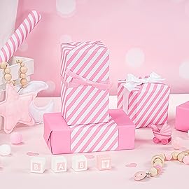 WRAPAHOLIC 30 Inch Reversible Wrapping Paper - Jumbo Roll Pink and Stripes Design for Birthday, Holiday, Wedding, Baby Shower Wrap - 30 Inch x 33 Feet