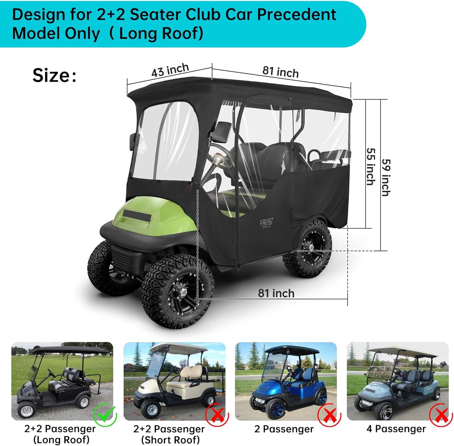 10L0L Golfwagen Abdeckung für 4 Passagier Club Car Precedent mit langem Dach bis zu 240 cm, 4-seitiges klares Fenster, 600D-Regenschutz, Allwetterschutz, winddicht, wasserdicht Golf Cart Abdeckung