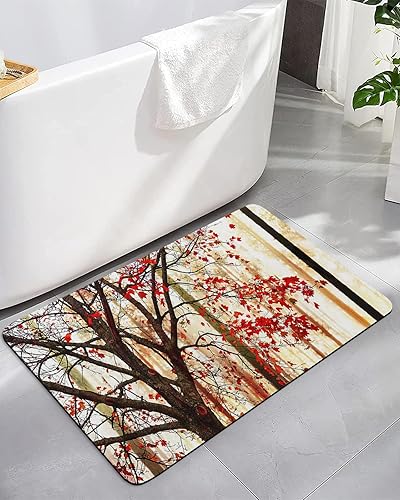 Bath Mat, Thanksgiving Fall Romantic Maple Forest Trees Leaves Quick Dry Bathroom Rugs Non Slip Absorbent Thin Shower Rug Floor Mat for Bathroom,
