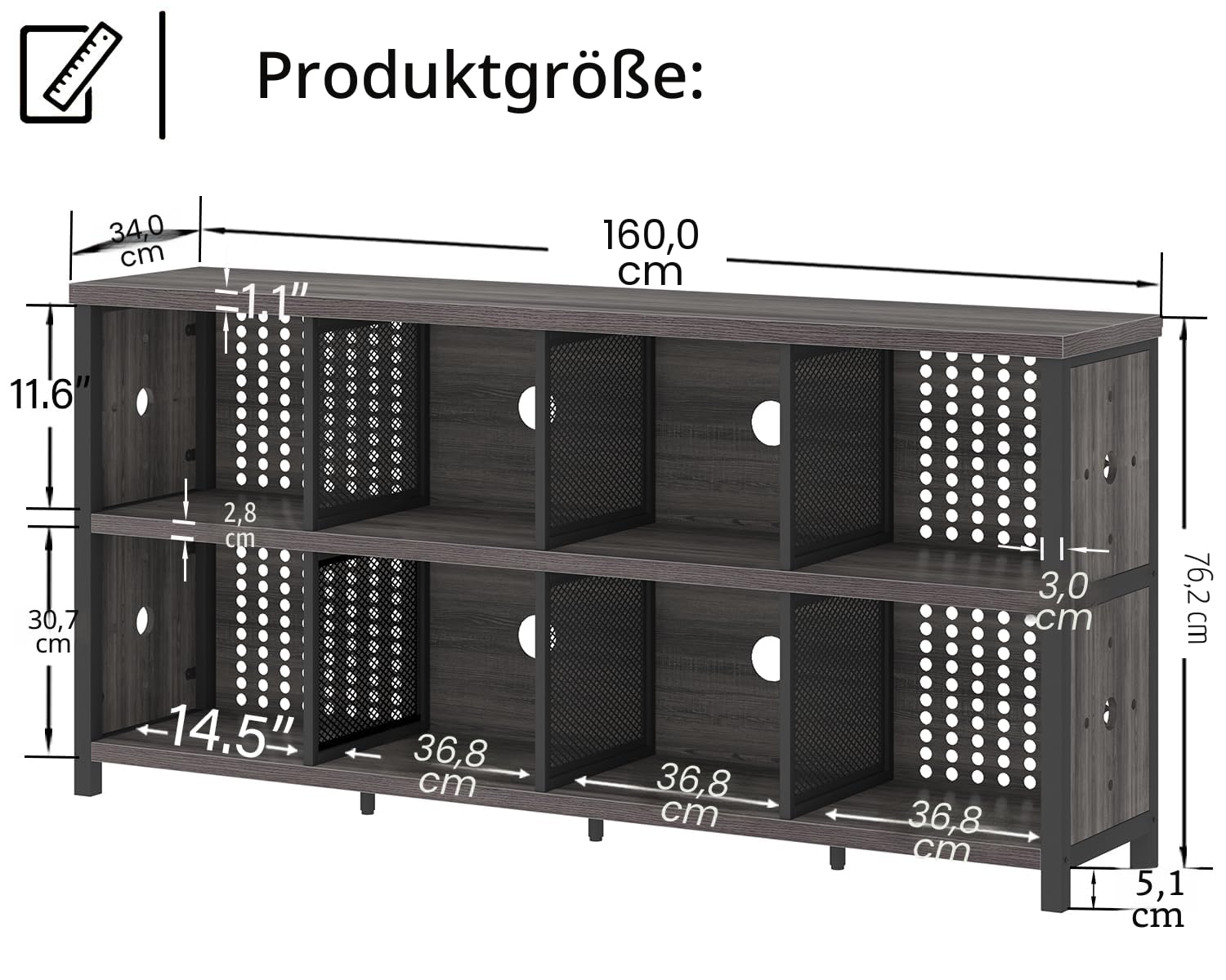 LVB Bücherregal Standregal mit Holz und Metall Bücherschrank mit 8 Offene Fächer Würfelregal Büroregal horizontal für Wohnzimmer Homeoffice Kinderzimmer Dunkelgrau 34T x 160B x 76H