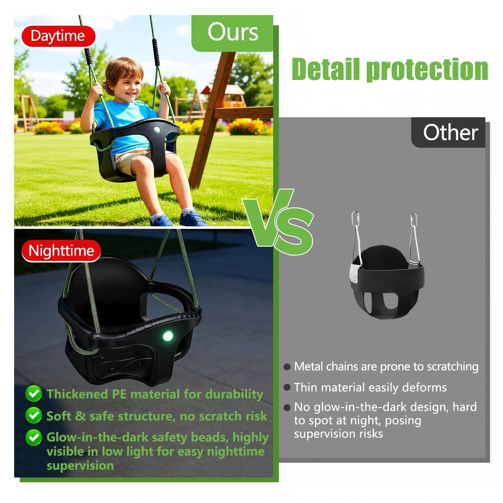 Columpio para bebé, columpio para exteriores, respaldo alto, carcasa de plástico, asiento con cuerda ajustable de 1,3 – 2 m y 2 mosquetones, columpio de jardín para niños que crece en crecimiento