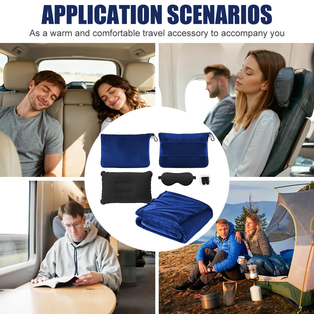 Reisedecke Kissen Decke 3 in 1, Reisedecke Ultraleicht Warm Decke Auto 152 x 127 cm, Verwandlungskissen Flugzeug Kissen mit Hülle, Gepäckhülle, Augenmaske, Ohrstöpseln (Set-Marineblau)