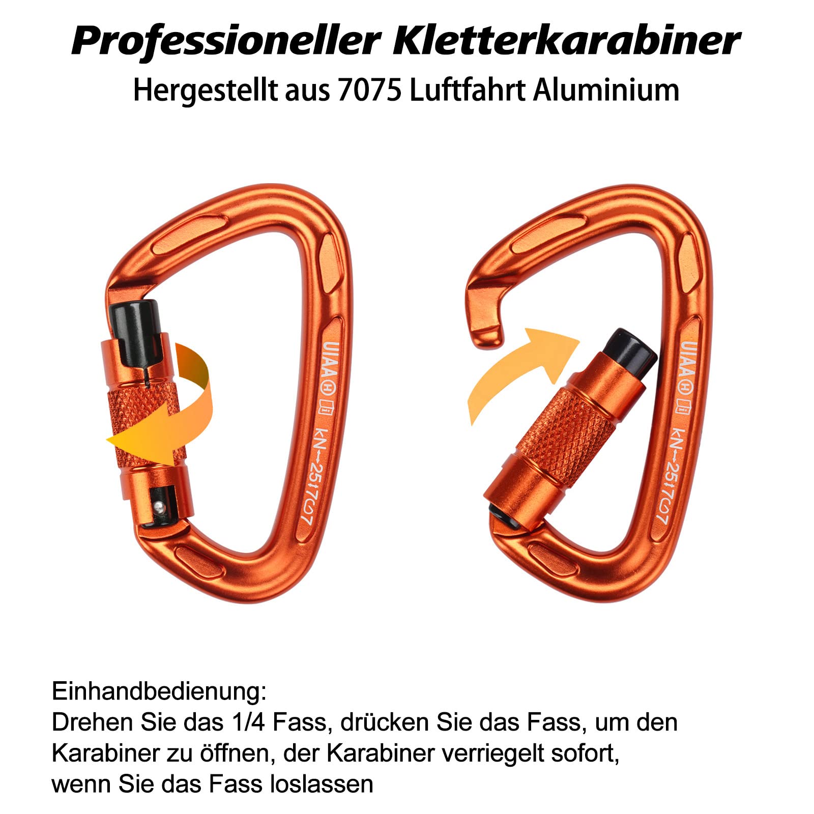 Karabiner Klettern Kletterausrüstung, 2 Stück UIAA-Zertifiziert 25KN Auto Locking Kletterkarabiner Clips +2 Stück 22KN Nylon Seil，zum Klettern, Bergsteigen, Wandern