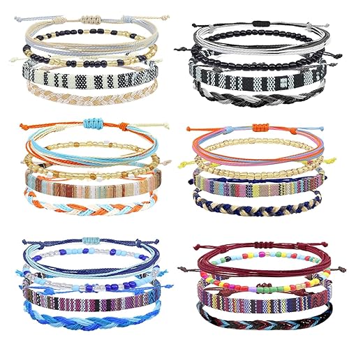 24 PCS String Surfer Beach Bracelets, Handmade Boho Ankle bracelet Adjustable Beaded Anklets,Colorful Braided Bracelets String Rope Anklets