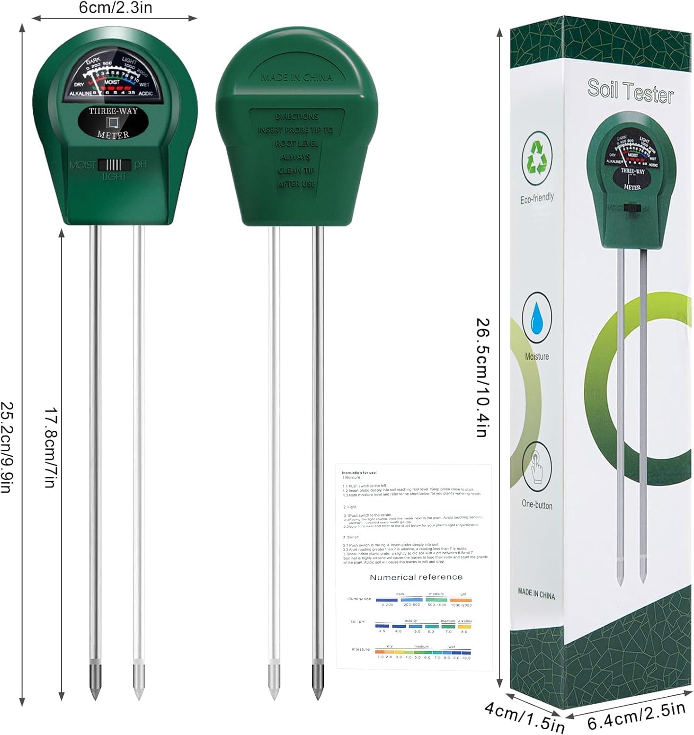3 en 1 Medidor Humedad Plantas, Medidor PH Tierra, Medidor de Humedad/Luz/PH del Suelo, Medidor de PH de Suelo, Doble Sonda Higrómetro de Suelo, para Plantas de Interior&Exterior,No Necesita Pilas